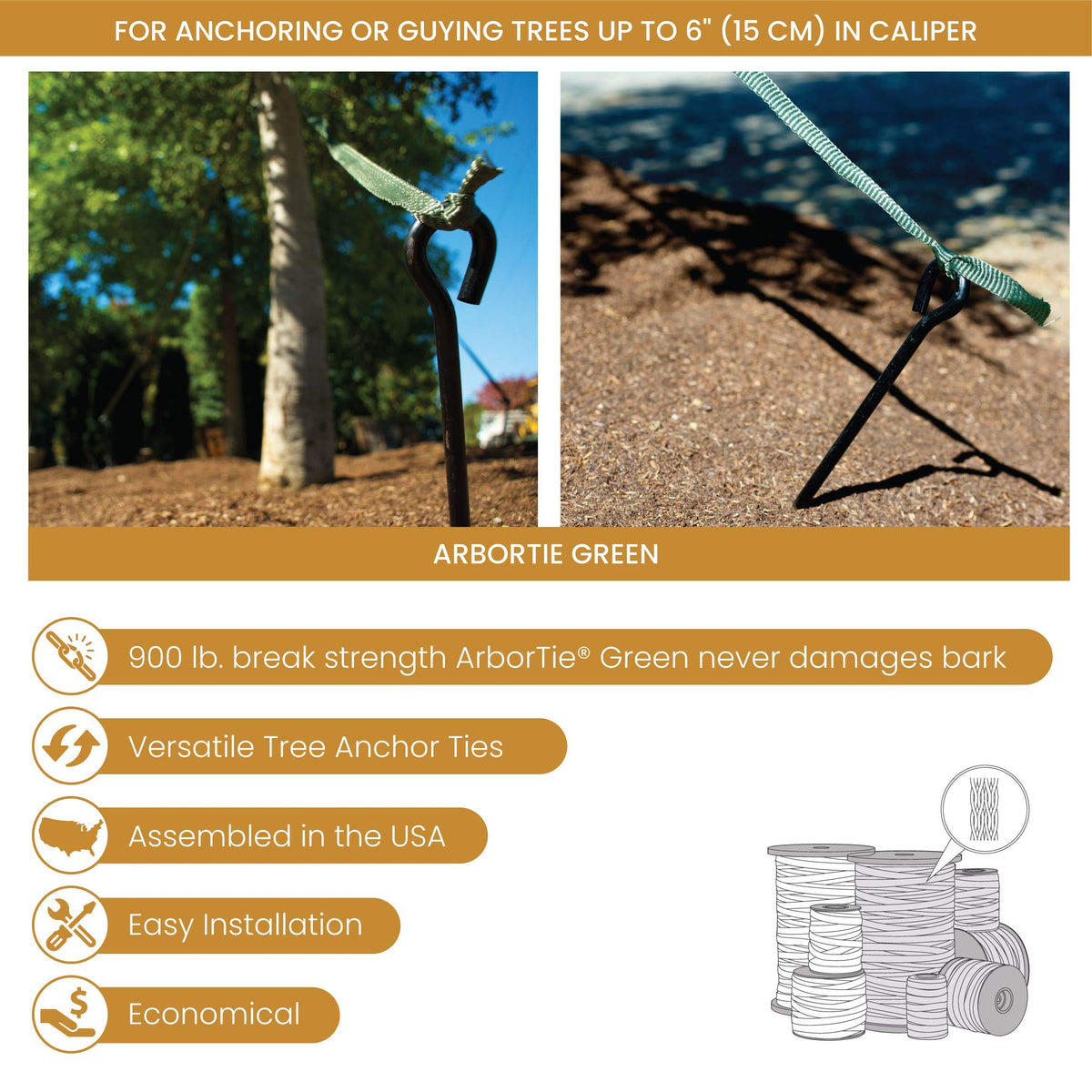 DeepRoot ArborTie Tree Straps for Staking and Guying, Flexible Tree Support Straps, Versatile Tree Rope, Tree Ties For Street Trees, Orchards, and Landscape Trees, 250’ Roll, Olive (AT 2G)