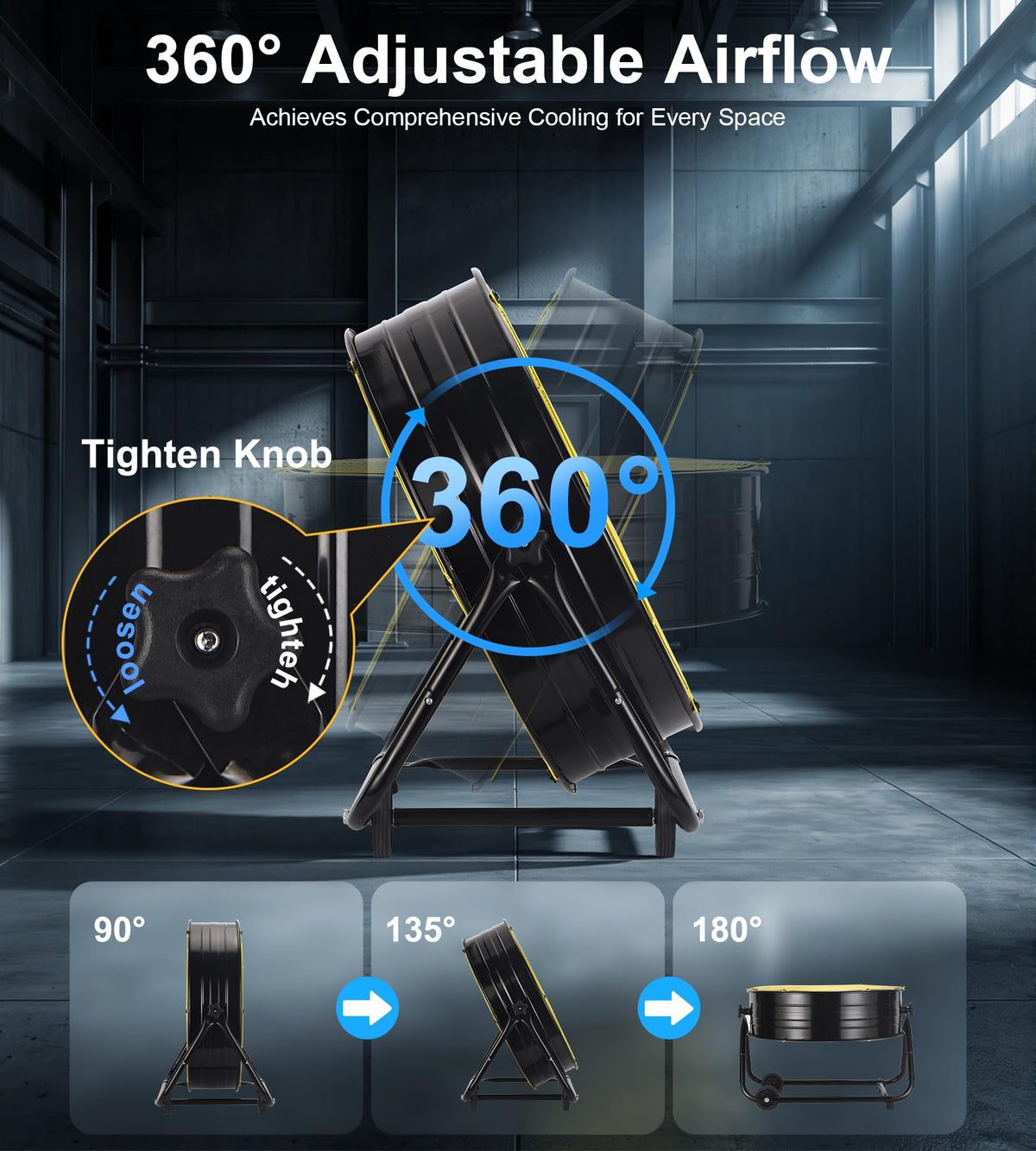 AKIRES 24IN Industrial Floor Drum Fan,8800CFM High Velocity Heavy Duty Shop Fan with 360° Tilt,Handle,320W High Velocity Drum Fan for Garage,Basement,Warehouse,Patio,Factory,Workshop,Commercial Use