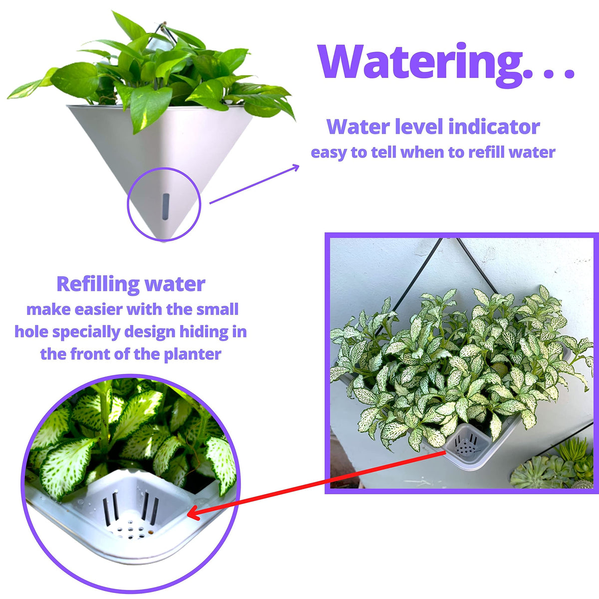 LaLaGreen Bundle - 12" x 4 Pack Black + 12" x 2 Pack Gray + 12" x 2 Pack White Large Self Watering Geometric Hanging Flower Vase Vessel with Metal Hanger, Modern Stylish Wall Mounted Succulents Pots