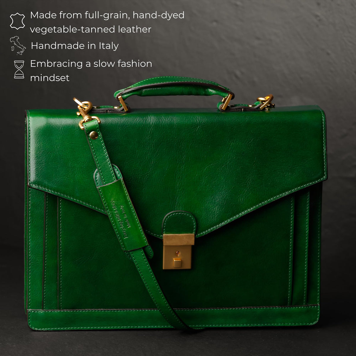 Time Resistance Leather Briefcase for Men - Business Laptop Bag - Italian Handmade Leather Bag - Attache - Gift Box Included (Green)