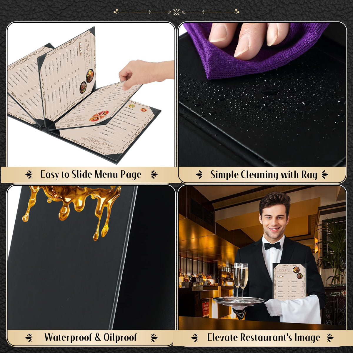 FLKQC Restaurant Menu Covers Holders 8.5 X 11, 5 Pack Synthetic Leather Menu Holder Covers Book Style with Angled Corners Black for Wine List, Certificate Organizer Diploma Holder (5 Page 8 View)