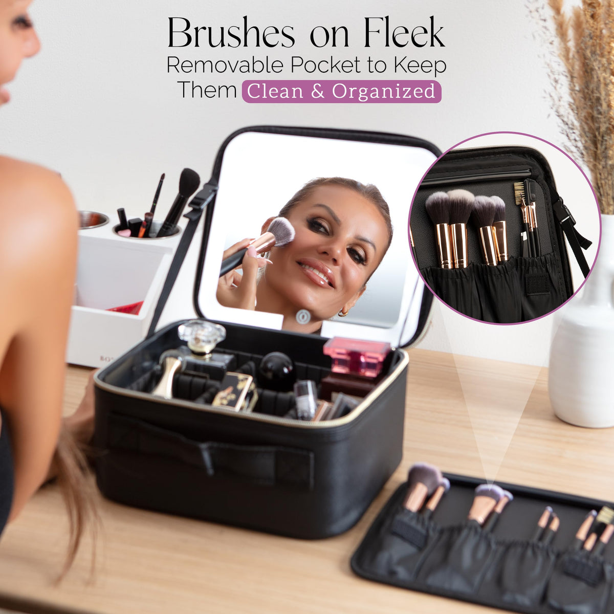 Girl About Town Travel Makeup Bag with LED Mirror - LED Makeup Bag with 10x Magnifier Mirror and Beauty Blender Included - Water-Resistant & Customizable Makeup Case with Lighted Mirror