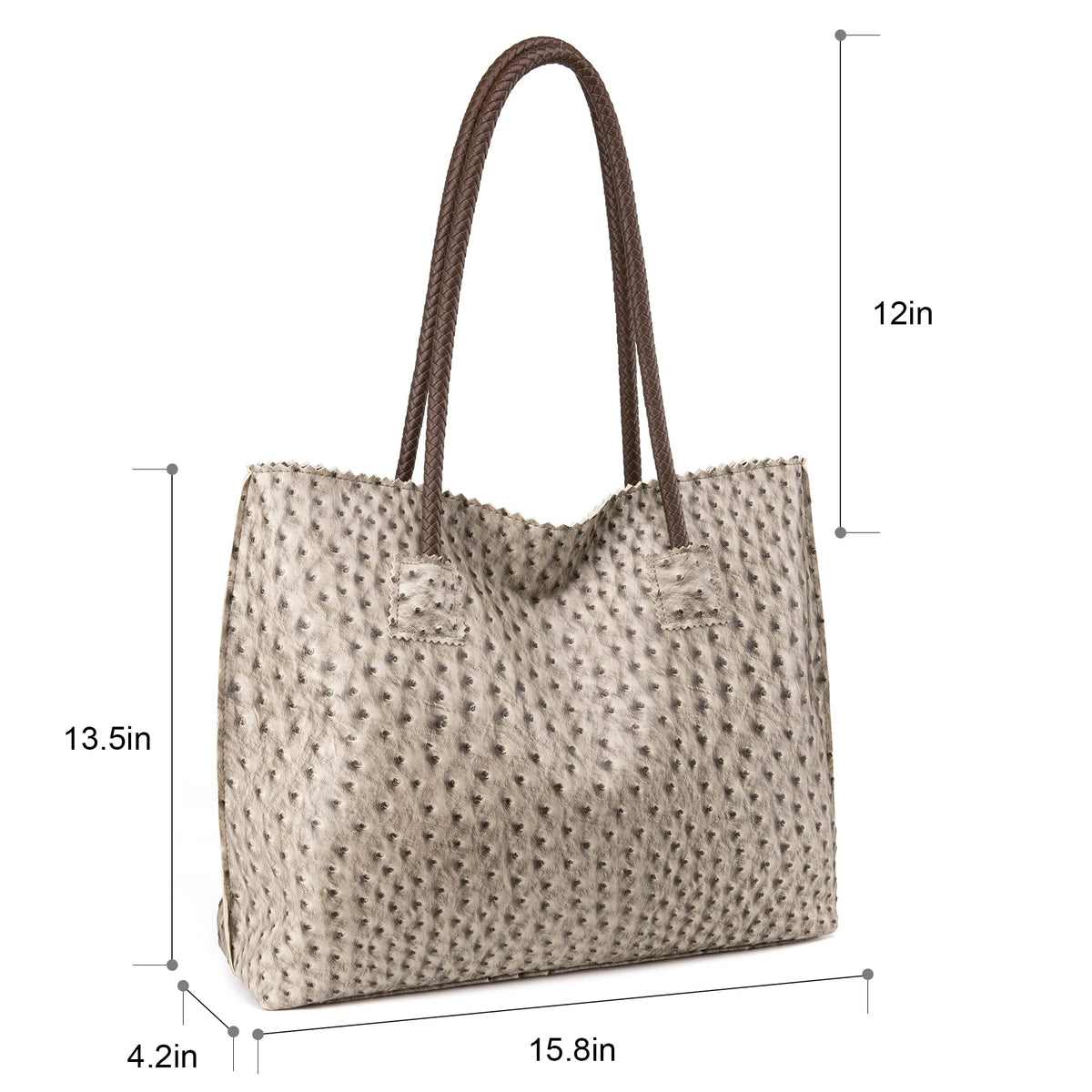 Milan Chiva Leather Tote Bag for Women with Zipper Large Ostrich Hobo Purse Shoulder Purses and Handbags Light Gray Gift MC-1038LGY