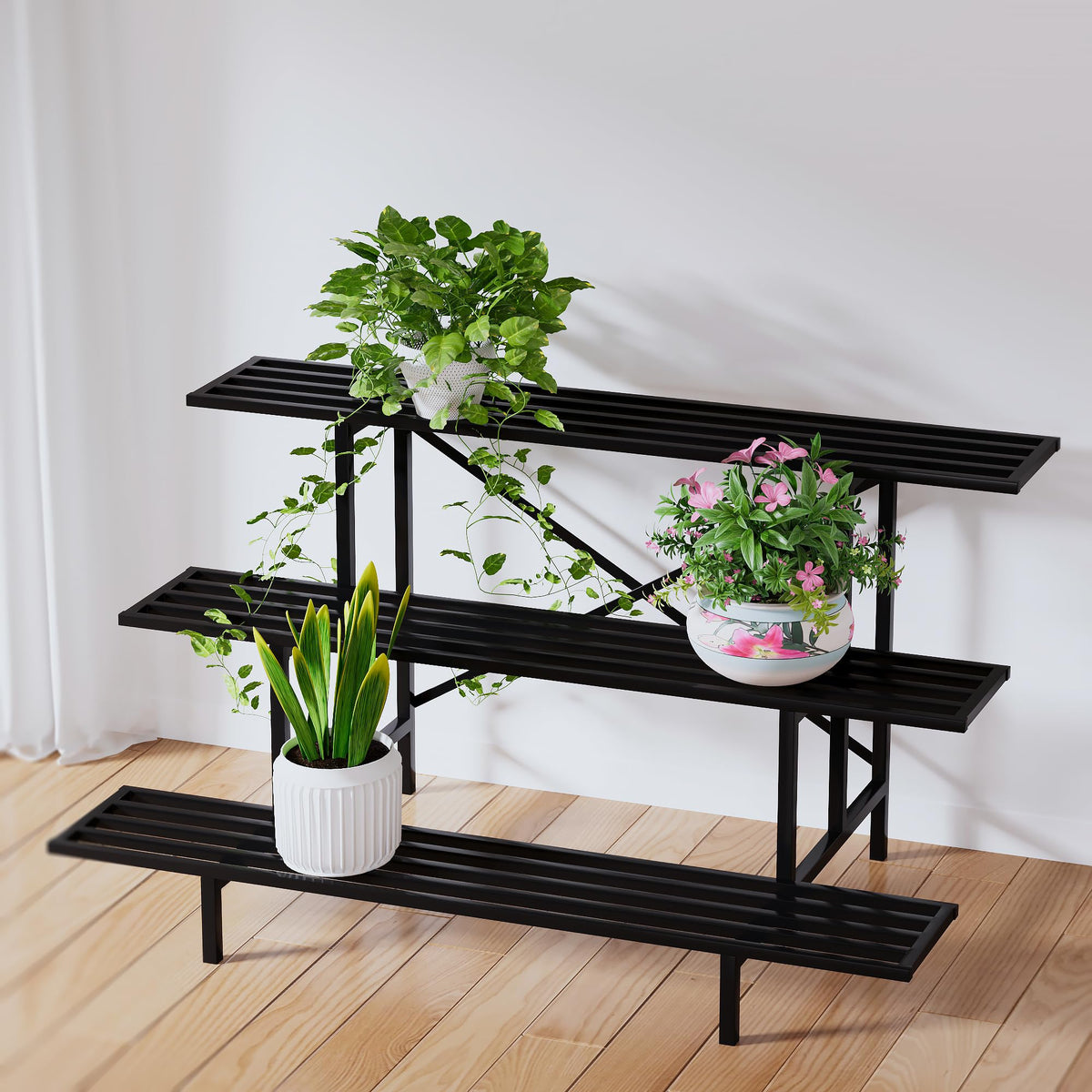 Zhongma 3 Tier Sturdy Metal Plant Stand, L45.67 x W26 x H23.6 inch, Heavy Duty Plant Holder for Home Indoor and Outdoor, 660 LBS Capacity & Heavy Duty Construction