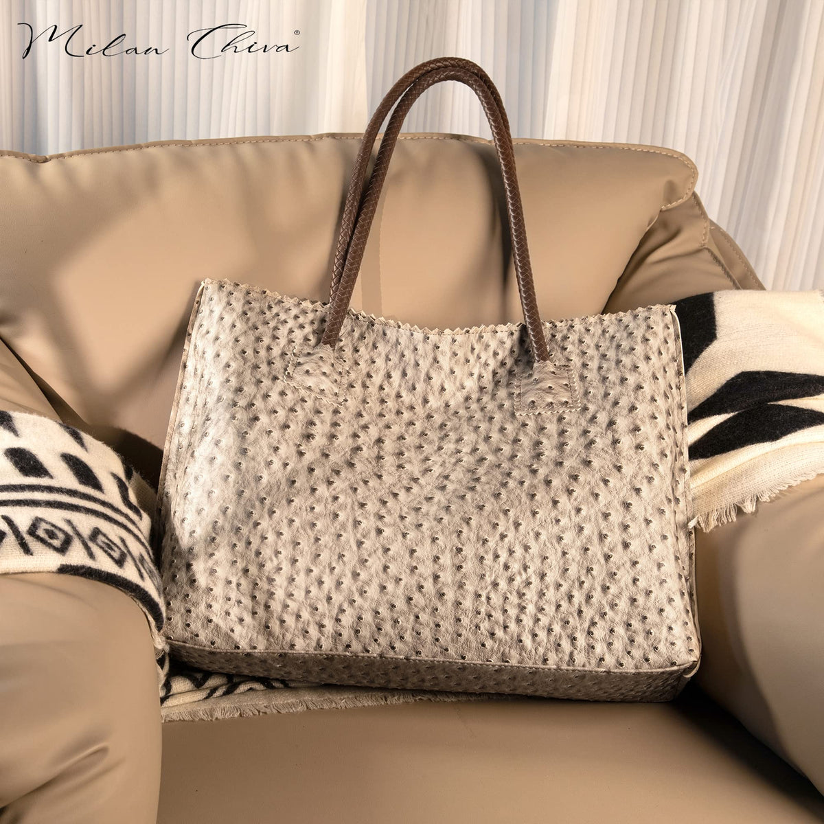 Milan Chiva Leather Tote Bag for Women with Zipper Large Ostrich Hobo Purse Shoulder Purses and Handbags Light Gray Gift MC-1038LGY