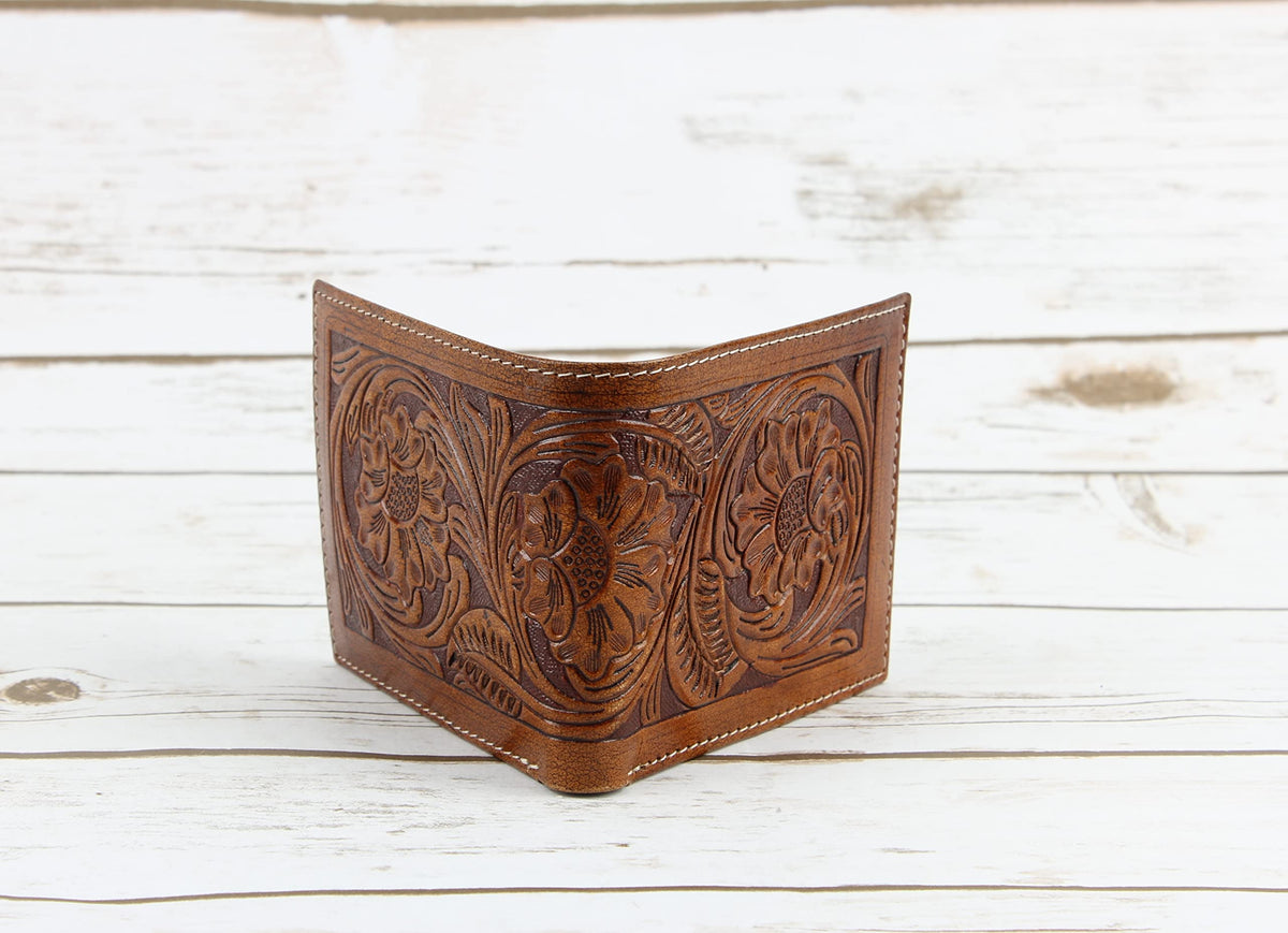 American Bison RFID Wallet for Men – Hand-Tooled Floral Cowhide Leather Bifold Wallet with Gift Box (Light Brown)