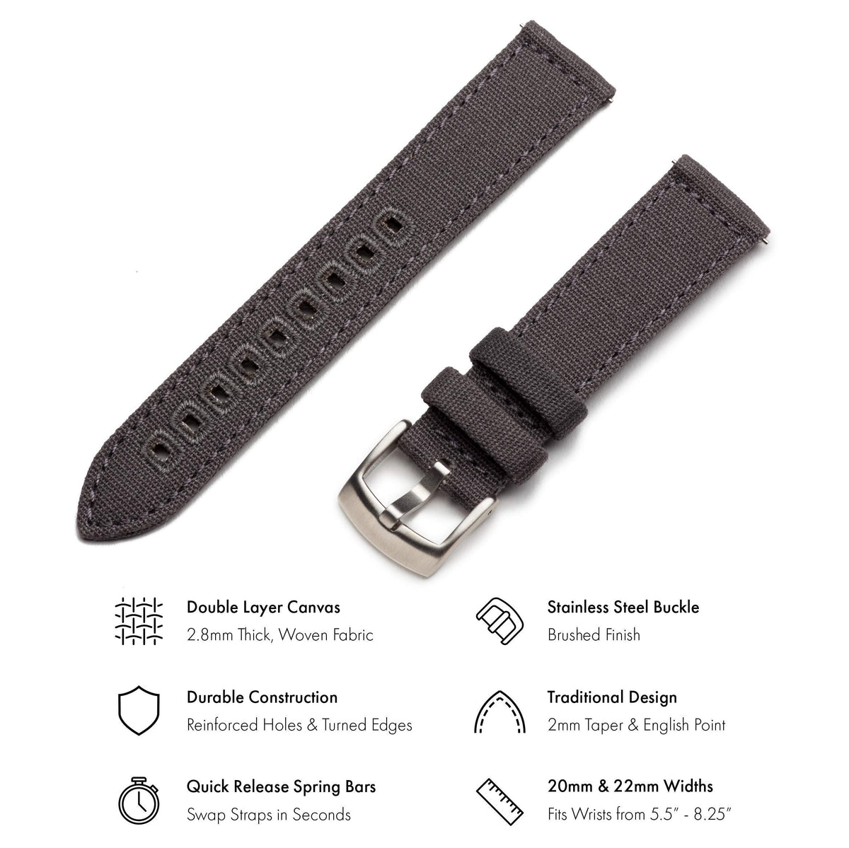 Benchmark Canvas Watch Band - Quick Release Cotton Fabric Watch Straps for Men & Women (20mm, Grey)