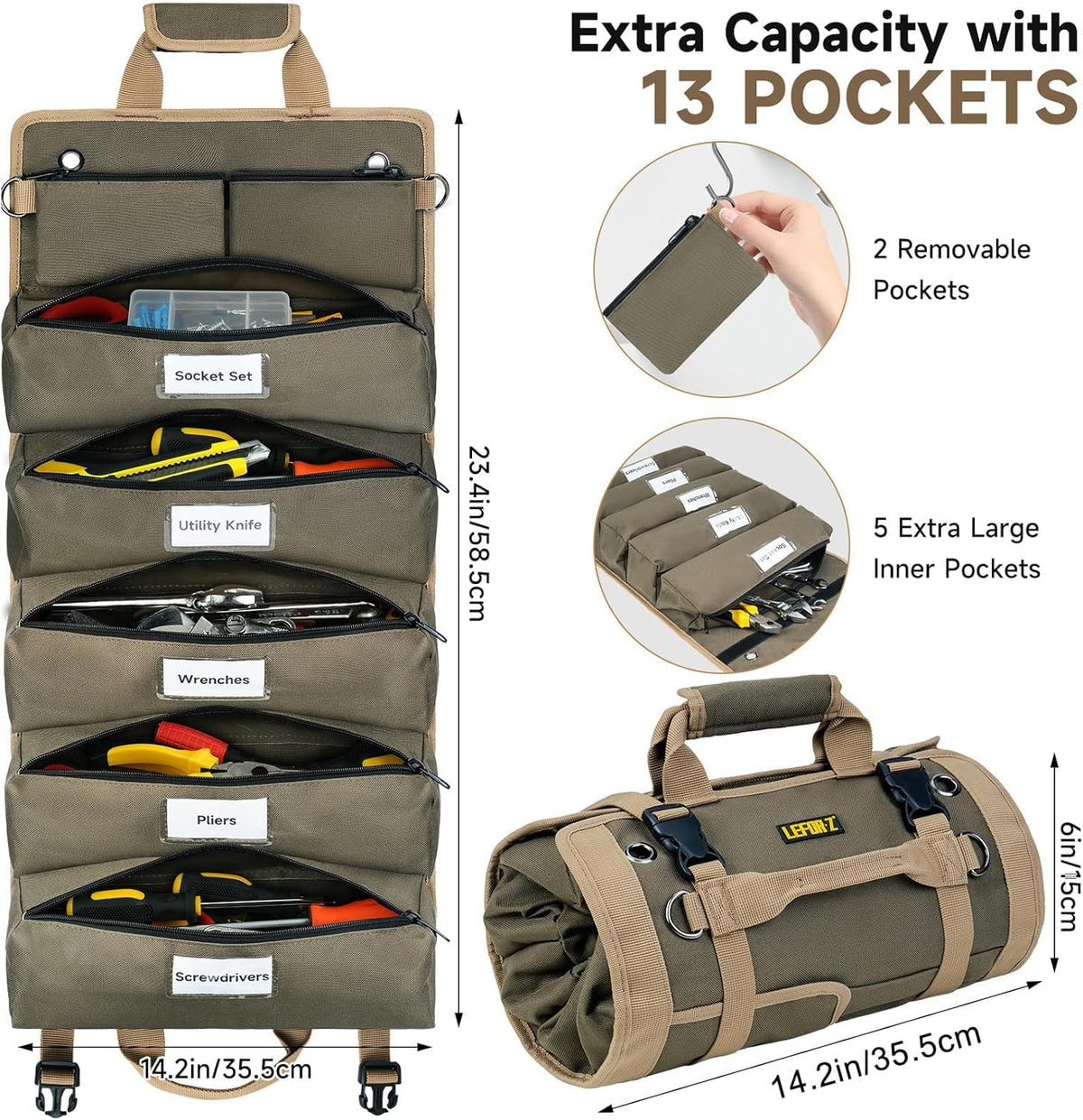 Tool Bag,Large Roll Up Tool Bag Organizer,13 Pockets Tool Roll Storage Pouch,Heavy Duty Portable Tool Storage Carrier Bag for Men,Mechanic,Electrician,Valentines Day Gifts for Men,Olive Green