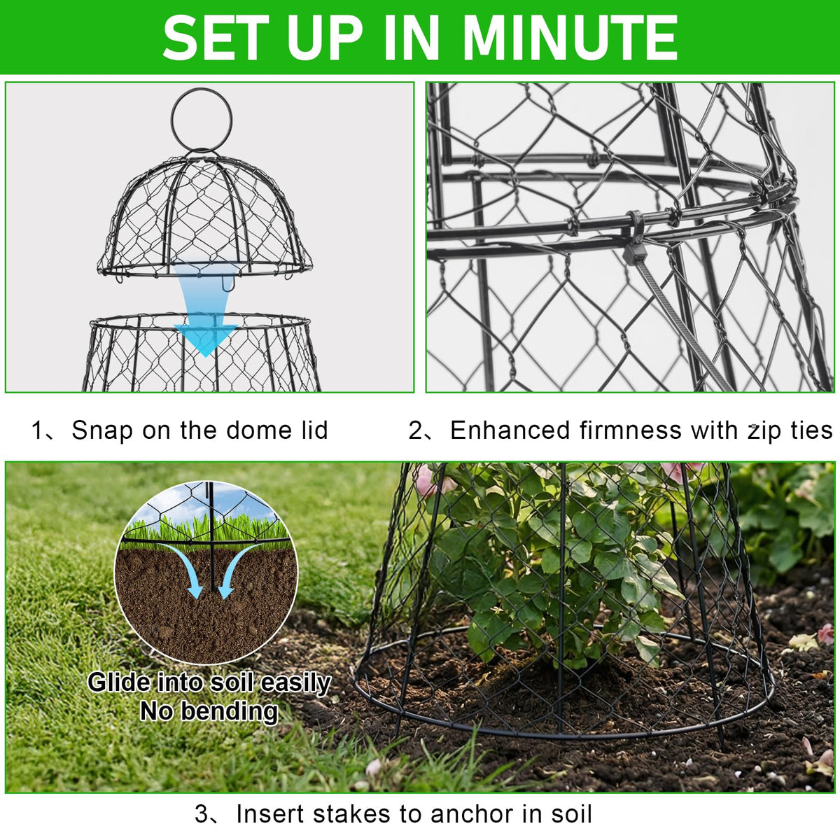 Garden Cloches for Plants 6 Pack - Chicken Wire Outdoor Plant Protectors from Animals - Heavy-Duty Metal Cage with Detachable Lid - Rustproof Covers - 12"D × 17"H - Blocks Rabbits, Squirrels & Birds