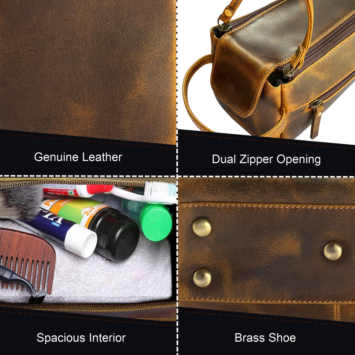 Leather Toiletry Bag for Men - Hygiene Organizer Travel Ditty Kit By Rustic Town (Antique Brown)
