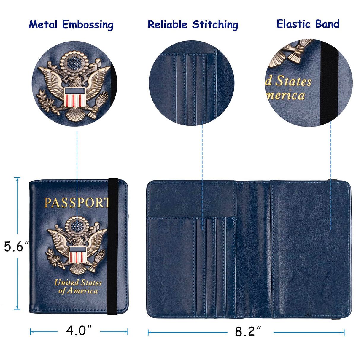 TOURSUIT RFID Blocking Passport Holder for Women Men, Leather Passport Travel Wallet with 3D Metal Badge, Travel Document Holder Cover Accessories (Dark Blue)