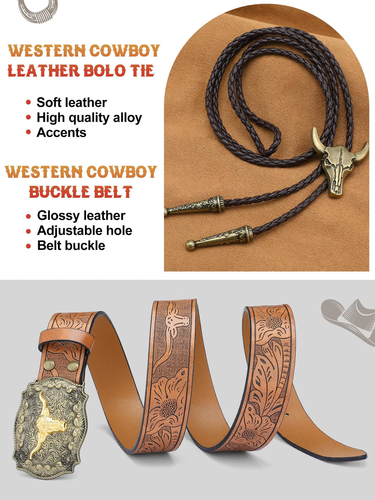 Cutecrop 4 Pcs Western Cowboy Outfits for Men Suede Leather Vest Hat Bolo Tie Belt for Western Halloween Cosplay(Medium,Brown)