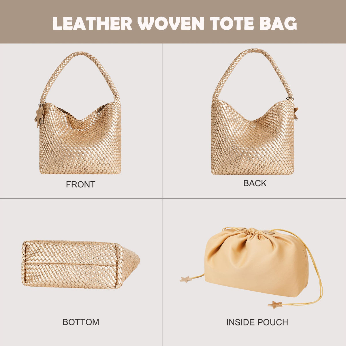 Leather Woven Tote Bag, Vegan Leather Slouchy Hobo Bag for Women, Large Shoulder Handbag Woven Purse (Gold-Large)