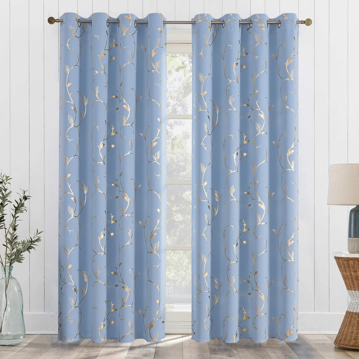 BUHUA Blackout Curtains Gold Foil Print Flower Vine Grommet Drapes, Room Darkening Thermal Insulated Curtains, Noise Reducing Blackout Curtain for Bedroom, Blue, 52Wx84L, 2 Panels
