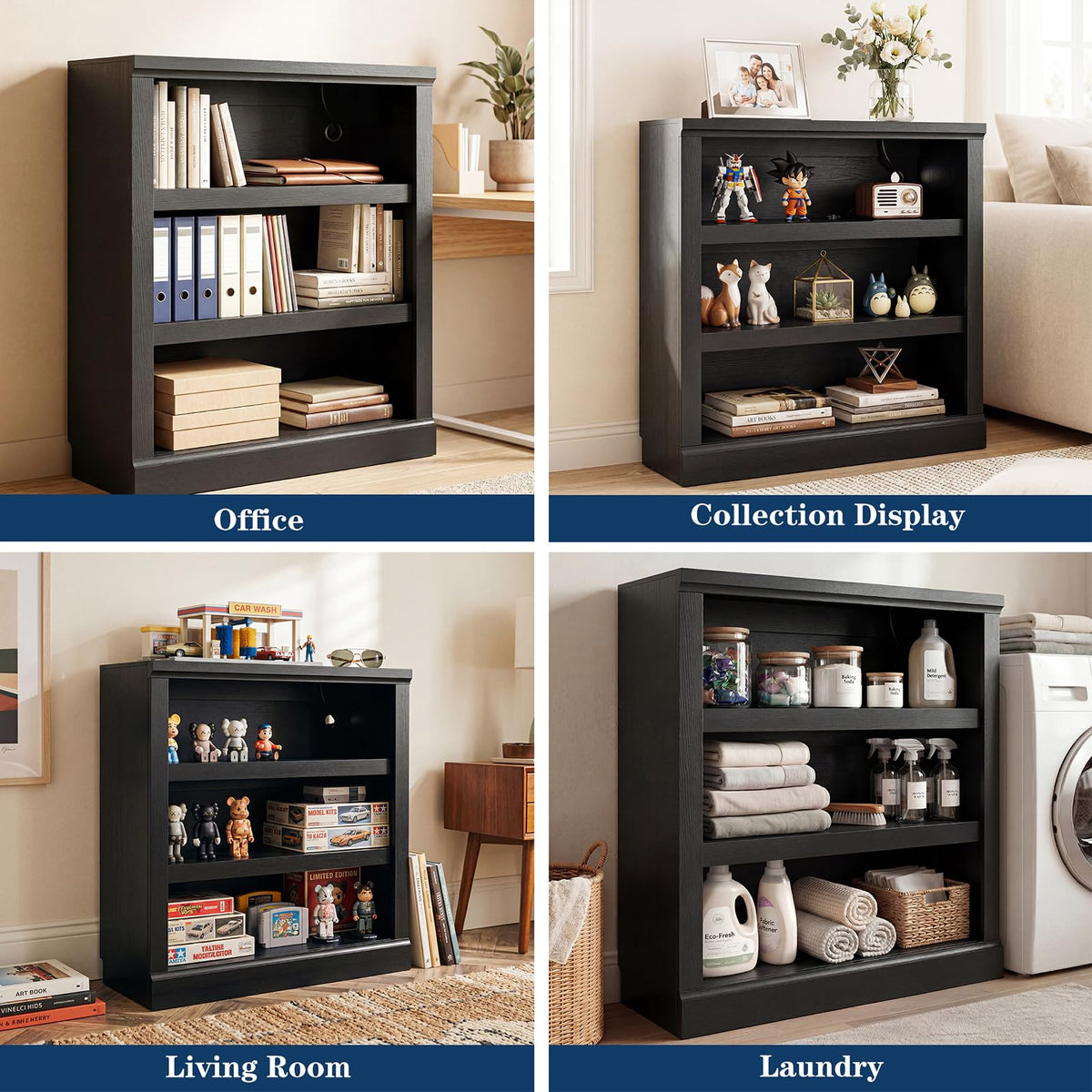 Unikito 3-Tier Storage Bookcase with Adjustable Shelves, Modern Wood Storage Organizer Rack, Free Standing Decorative Display Shelf for Home Office, Living Room and Bedroom-Black