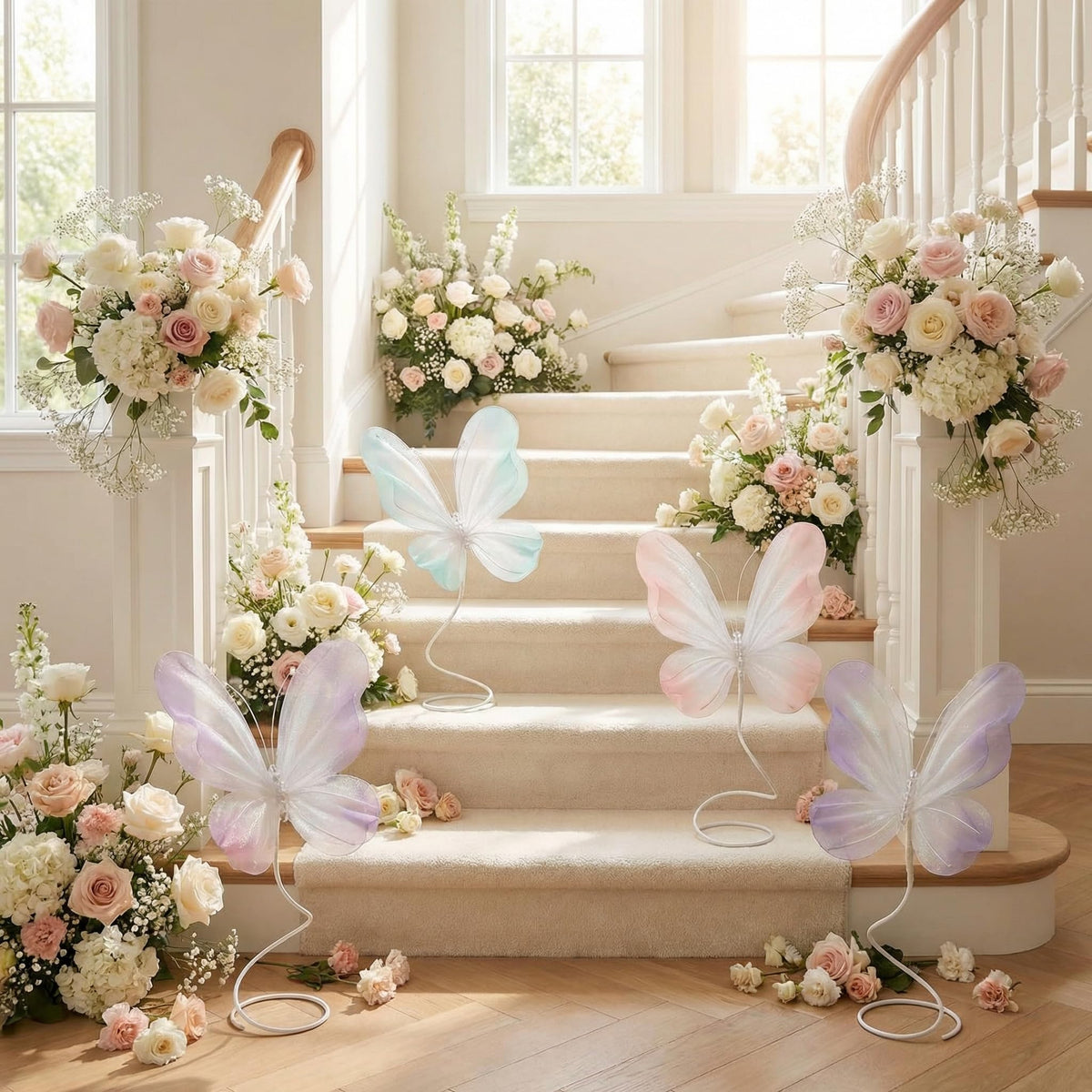 Roowest 4 Pcs Butterfly Centerpiece for Table Pastel Butterfly Decoration Large Gradient 3D Silk Flying Butterflies Pink Purple Green White Tabletop Decor for Birthday Wedding Baby Shower