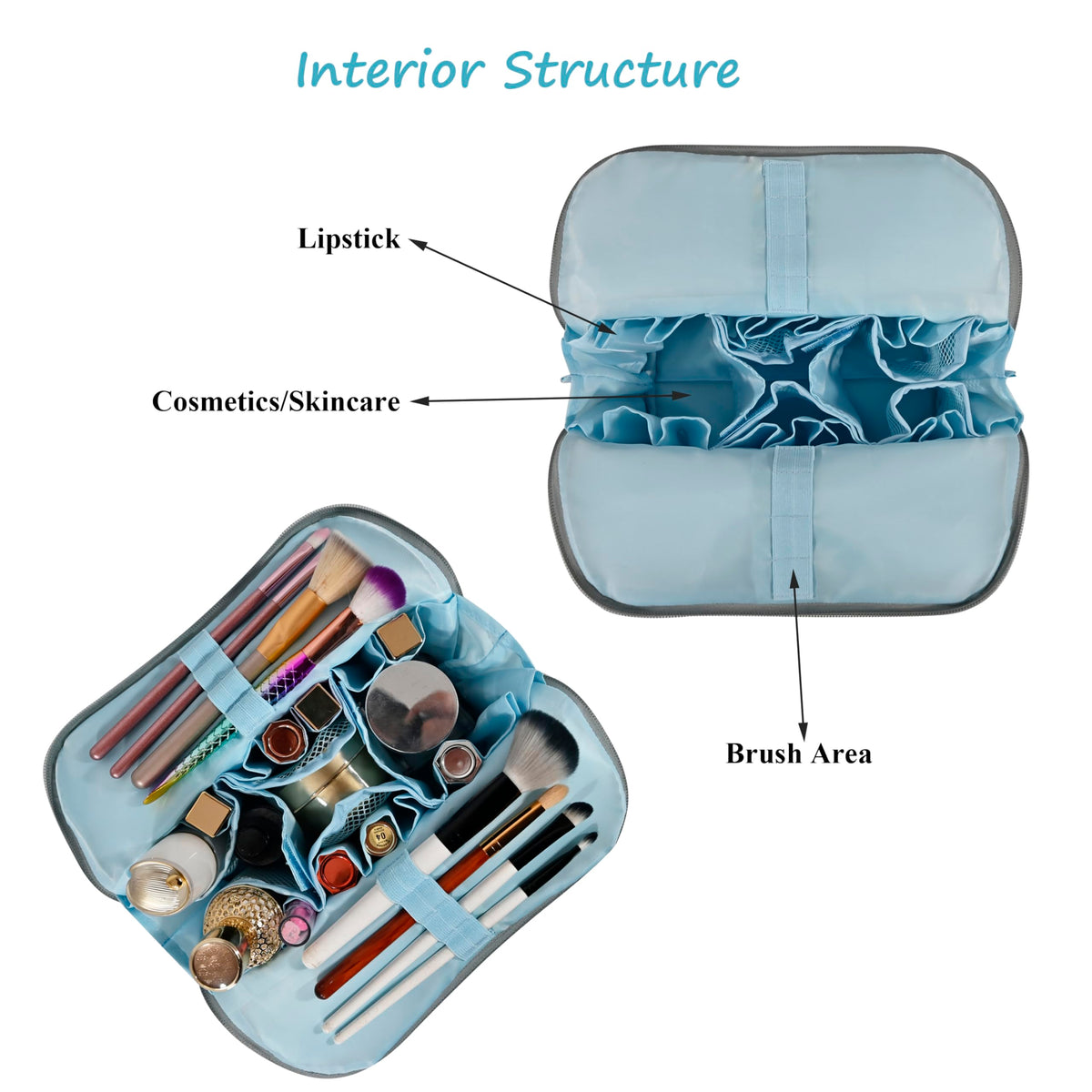 Tense Edano Travel Makeup Bag for Women, Waterproof Stand Up Cosmetic Bag with Brush Holders, Organizer Bag with Compartments, Fold-Down Design for Skincare, Toiletries & Essentials (Blue, Medium)