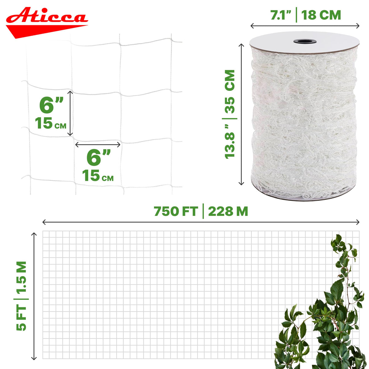 ATICCA Trellis Netting 5 x 750 ft Heavy Duty Polyester Plant Support Netting White - 6 Inch Garden Rope Trellis on Roll - Mesh Twine for Growing Vine Climbing Plants, Flowers, Peas, and Tomatoes.