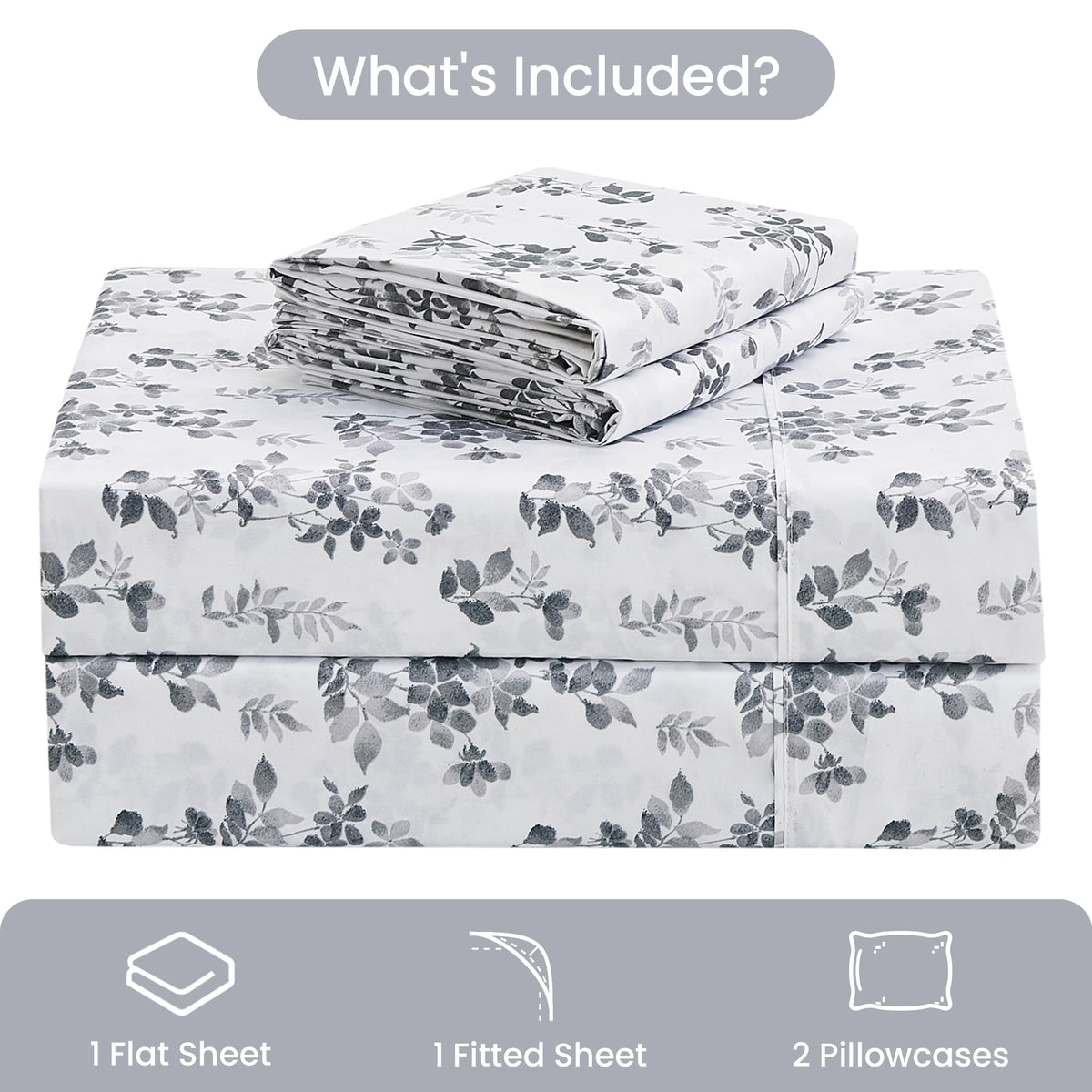 Mooreeke Cozy Vintage Microfiber Printed Full Sheet Set - Soft Breathable Percale Cotton Floral Bed Sheets with Deep Pocket - Non-Slip Fitted Design - Gradient Grey Small Flowers Pattern
