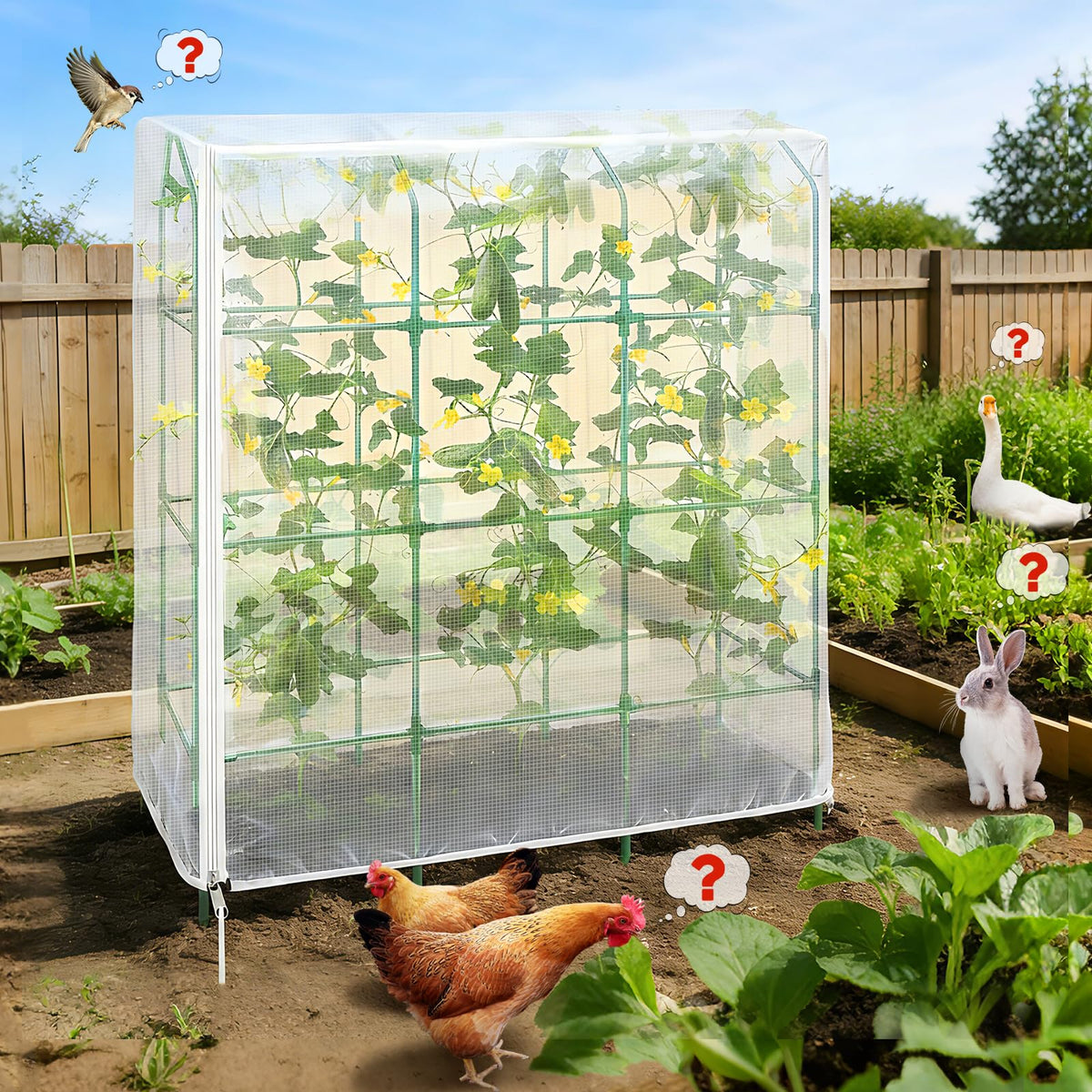 Garden Bird Netting Plant Cover for Cucumber Trellis, 52" x18''x66'' Insect Bird Barrier Garden Trellis Net with Zipper & Drawstring, Cucumber Trellis Netting Protection Cover for Protecting Plants