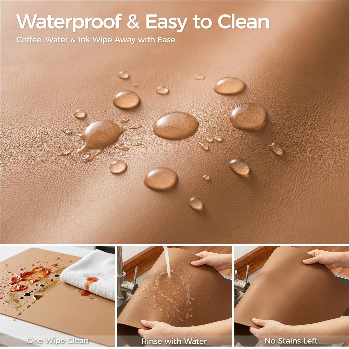 Promattoo 1.6mm Thick Leather 17x54 Inch Non-Slip Mat, Waterproof Countertop Protector, Dinner Table Runner/Cabinet Top Cover, Caramel Brown