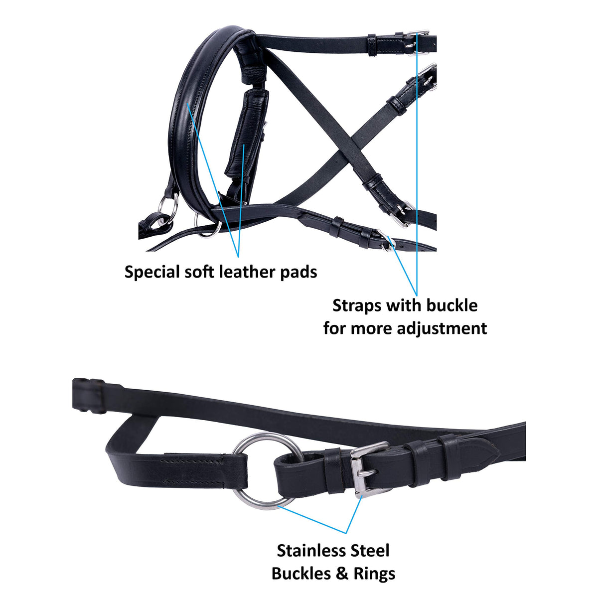 Wonder Care Genuine English Leather Crossover Crossunder Bitless Bridle for Horse Headstall with Reins