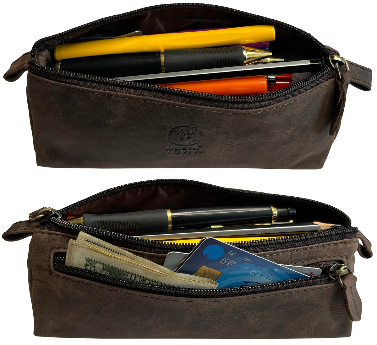 RUSTIC TOWN Leather Pencil Case - Handcrafted Zippered Stationery Bag, Marker Pen Pouch for Work & Office - Multi-Purpose Travel Organizer for Men & Women