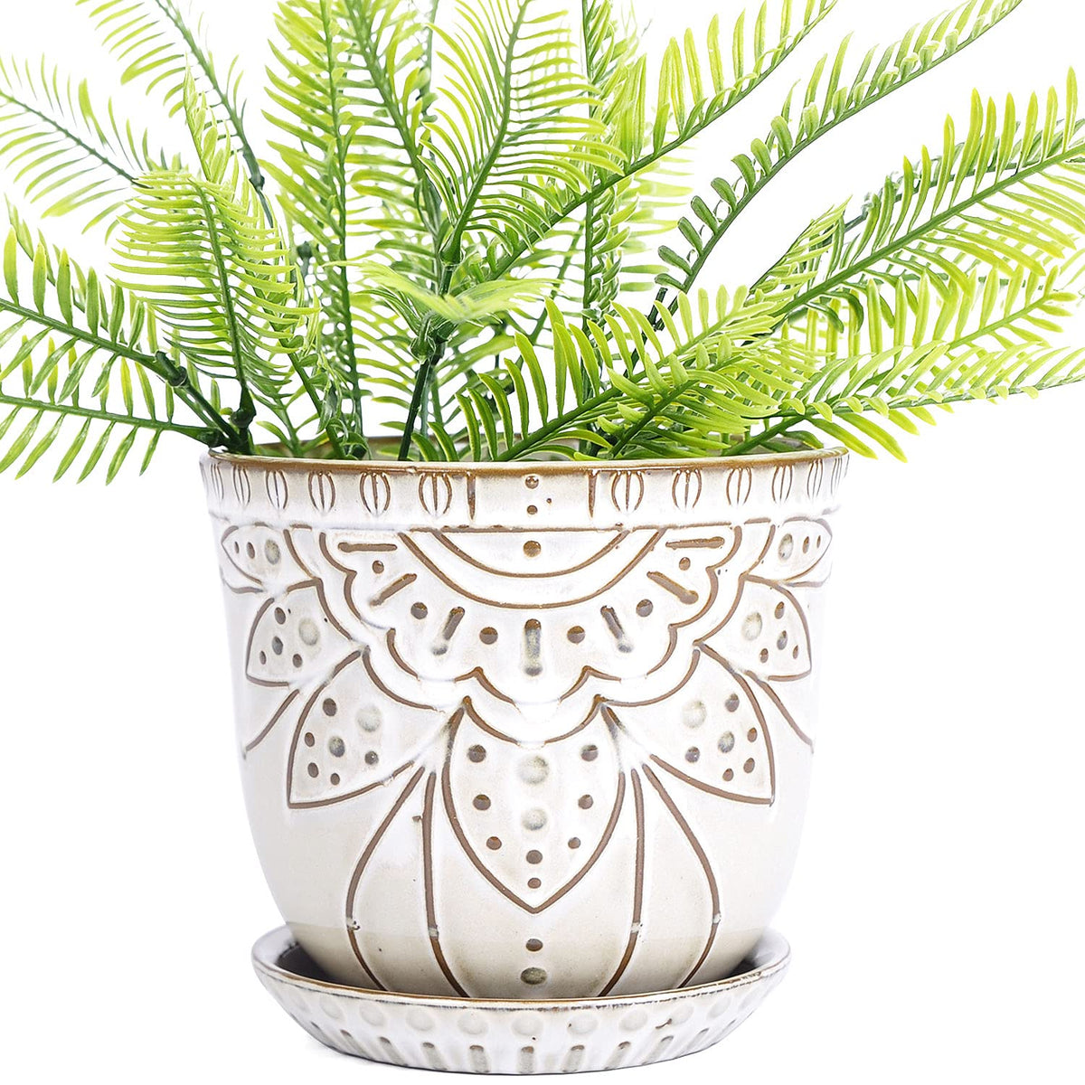 VanEnjoy 5.9 inch Round Bohemian Style Ceramic Planter, Geometry Engrave Off White Brown Planter Flower Pot, Indoor Outdoor Decorative Planter