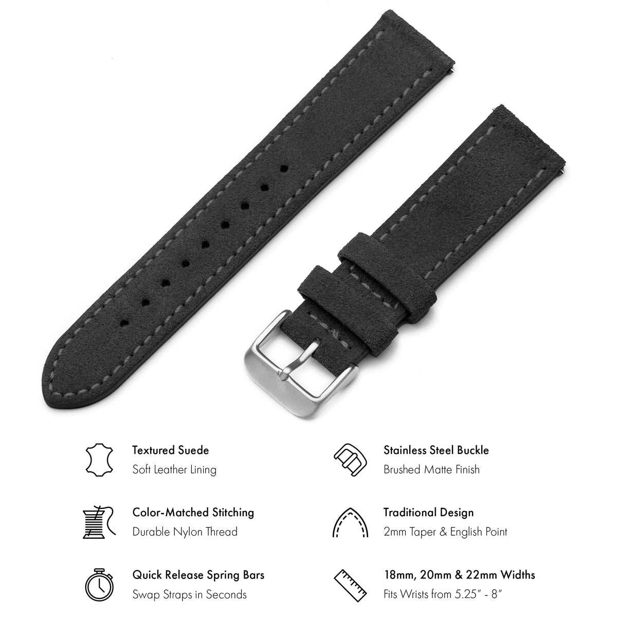 Benchmark Suede 20mm Leather Watch Band – 20mm Quick Release Watch Band with Stainless-Steel Buckle & 9 Adjustable Holes – Black Leather Watch Bands for Men & Women (20mm, Black)