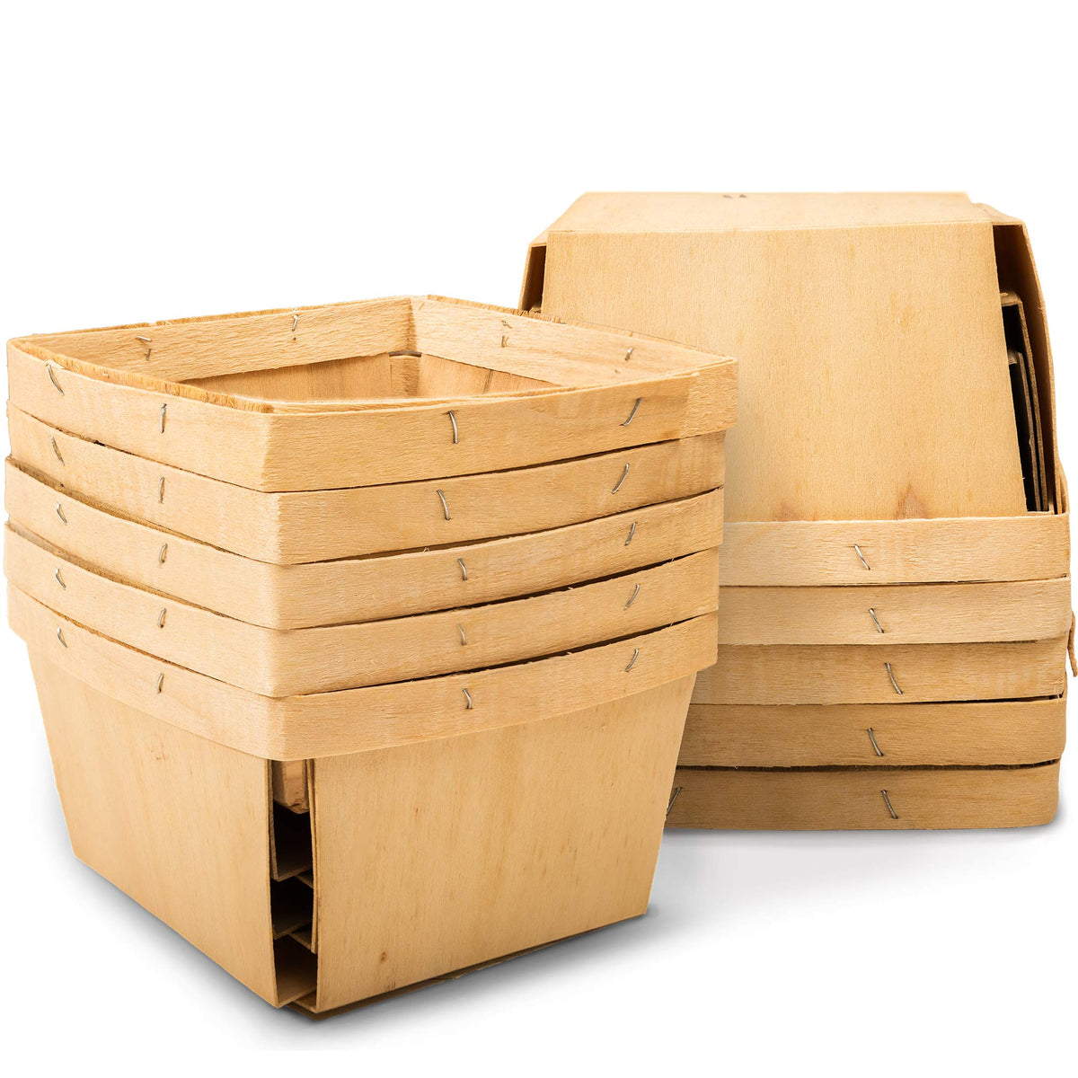 One Quart Wooden Gift Baskets (10 Pack); for Picking Fruit or Arts, Crafts and Decor; 5.75” Square Vented Wood Boxes