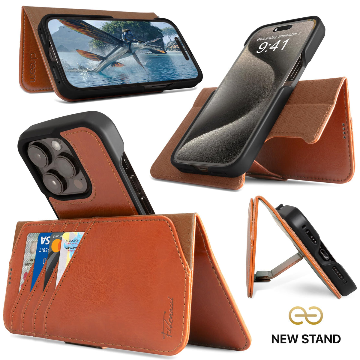 Dreem Wallet Case for iPhone 15 Pro, Revolutionary Vert/Hor Phone Stand, Magnetic Detachable Vegan Leather Flip Cover RFID Blocking Card Holder, MagSafe-Fit, Gift Box [Fibonacci: Caramel]