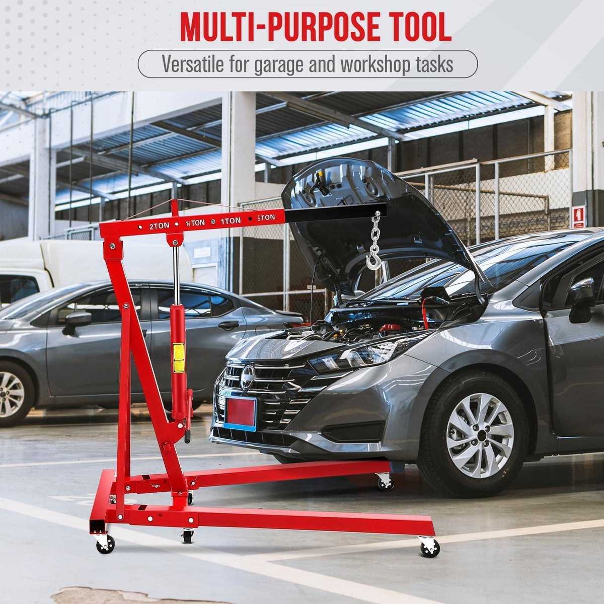 Foldable Engine Hoist, 2 Ton (4000 LB) Hydraulic Cherry Picker, Steel Mobile Load Lifter with 6 Wheels and Telescopic Boom, for Shop Crane, Garage, Workshop, Auto Repair, Heavy-Duty, Red