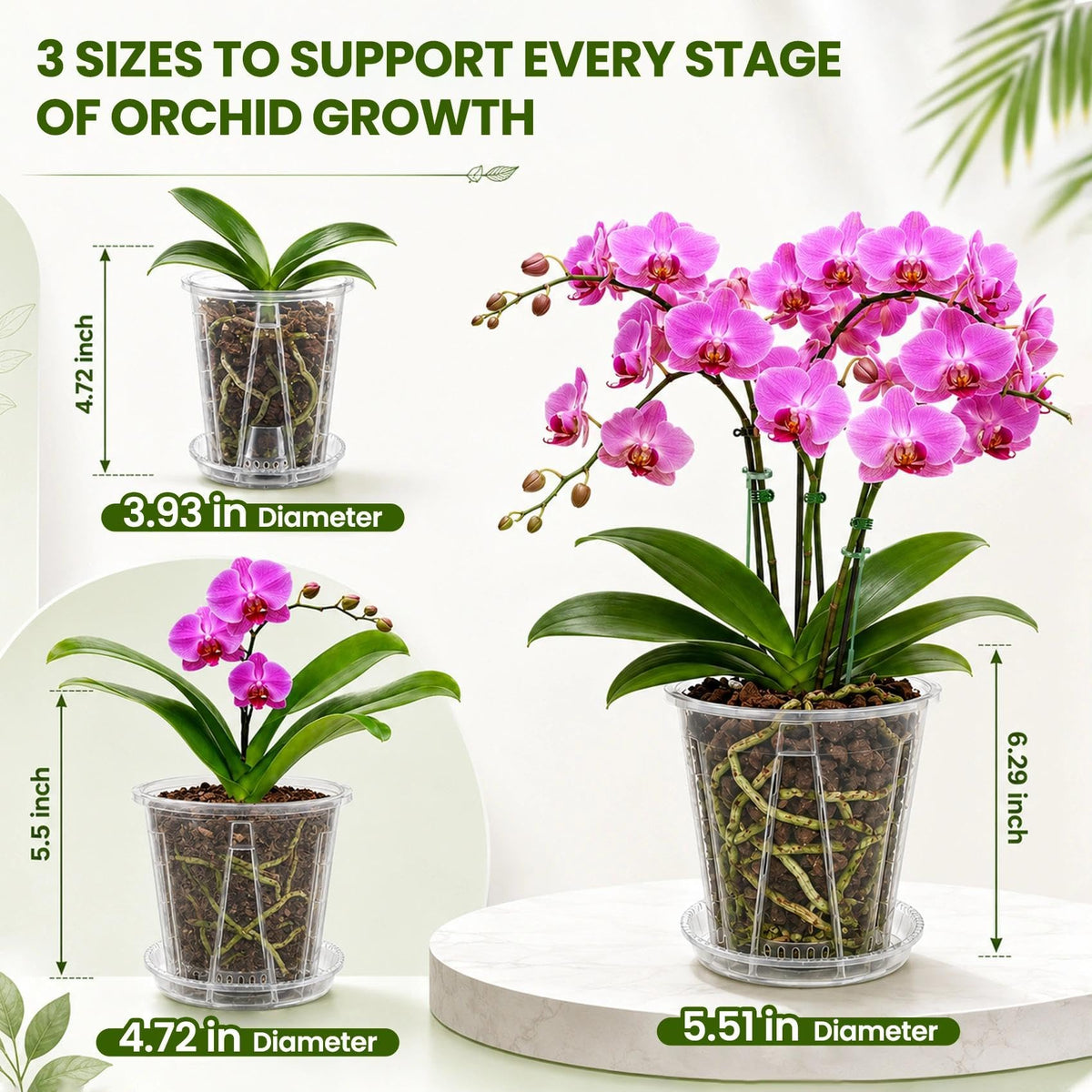 LINBLIF Clear Orchid Pots with Drainage Holes Set, 12 Pack 4,5,6 Inch Plastic Nursery Pots with Saucers, Orchid Repotting Kit with Mesh Screens, Stakes and Clips for Indoor Plants (4 in +5 in + 6 in)