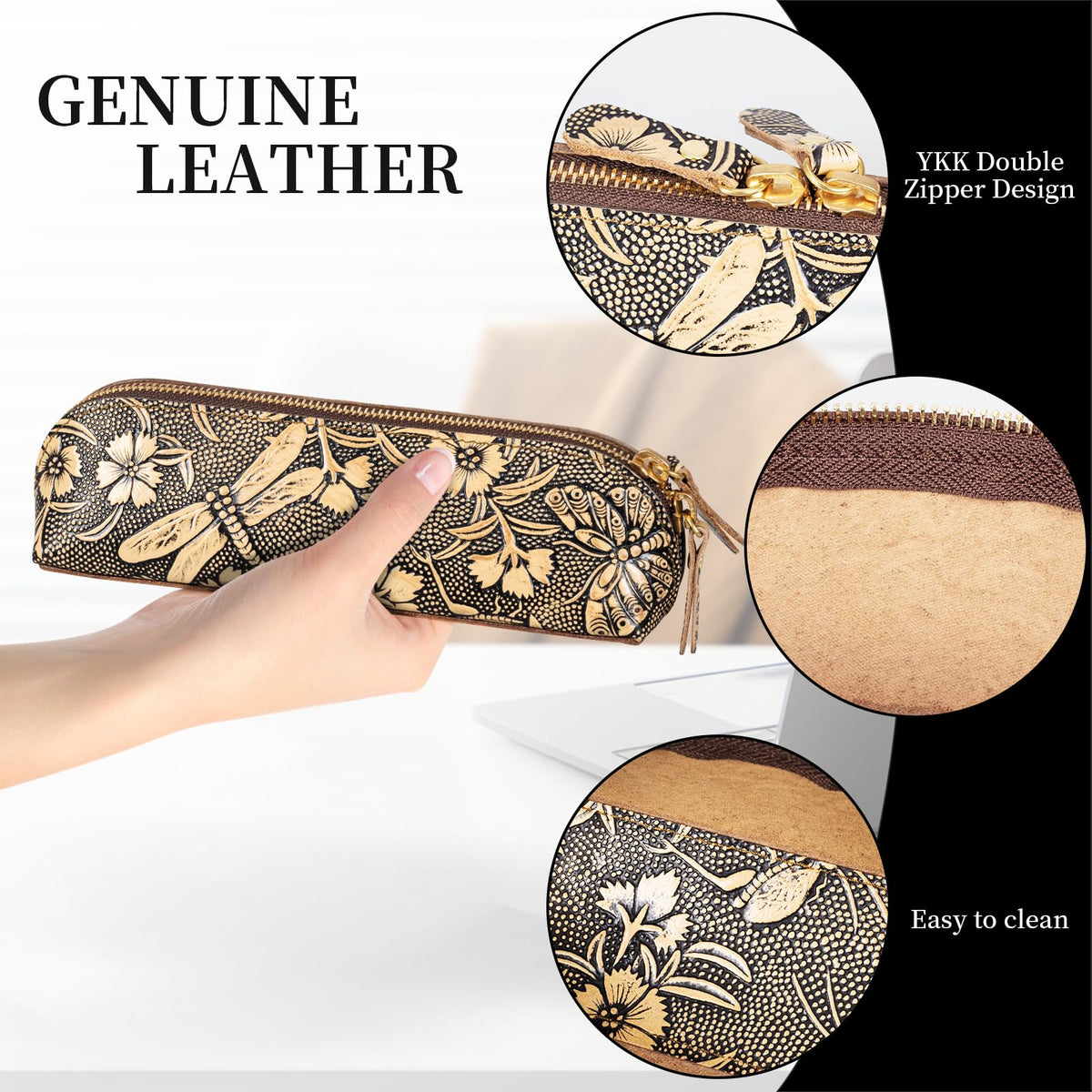 Gexmil Genuine Leather Pen Case, Full Grain Leather Pencil Holder, Hand-made Stationery Bag for Work & Office, Vintage Style, Butterfly Grey