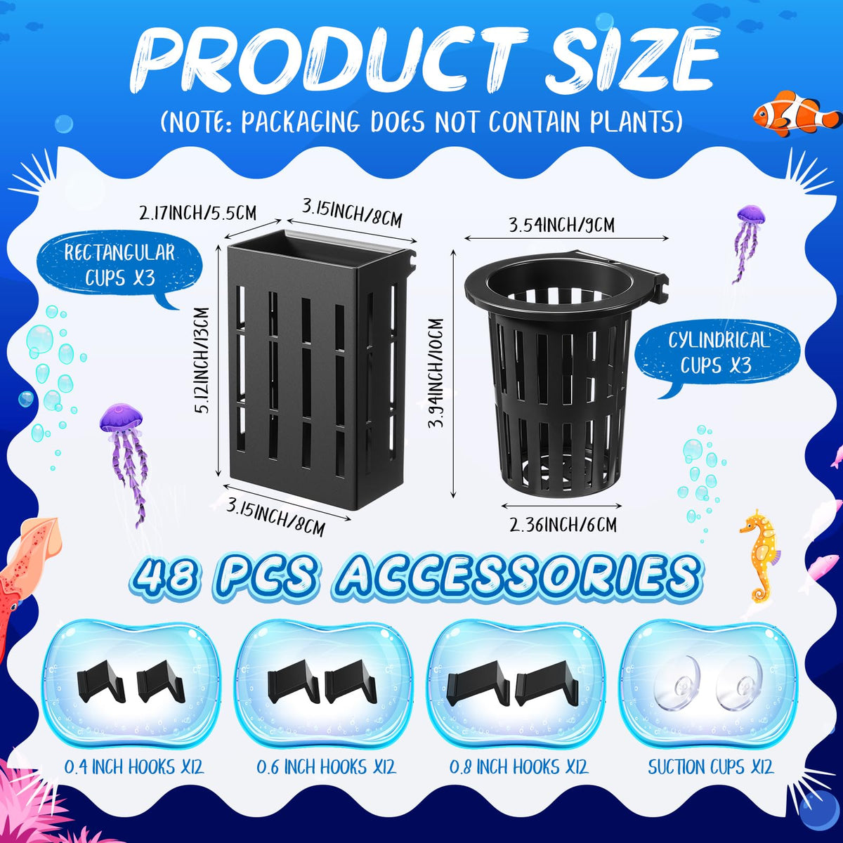 Chunful 6 Set Upgraded Large Aquarium Plant Holder Contain 6 Hanging Aquatic Pot with 36 Hooks and 12 Aquatic Planter Suction Cups for Fish Tank Aquarium Cultivation and Aquascape Decorations