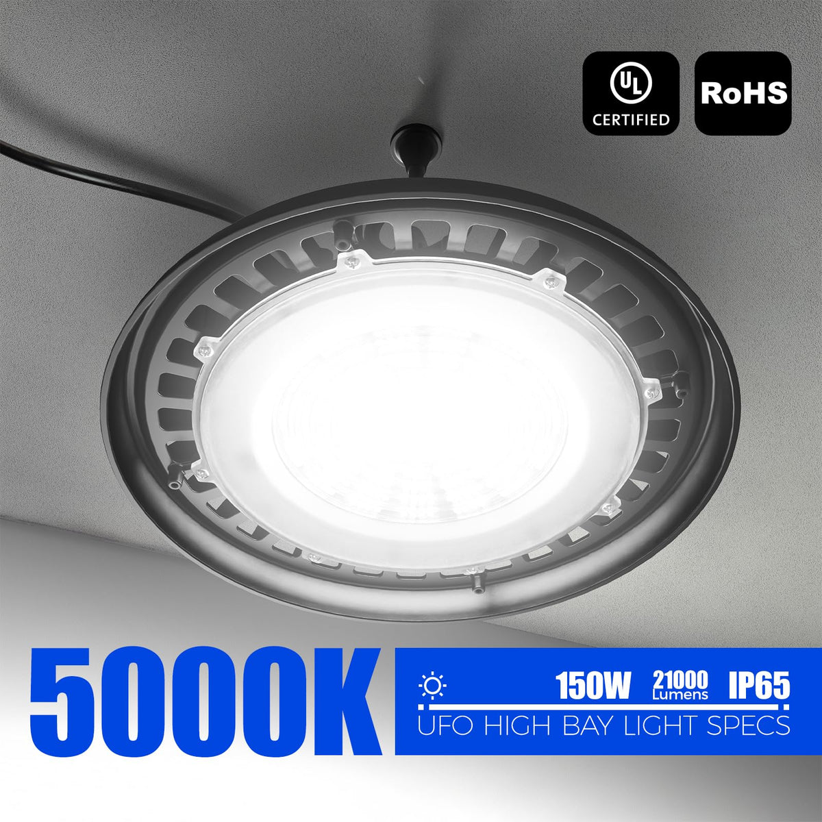 Barrina UFO LED High Bay Light 150W 21000LM IP65 Waterproof 5000K 2 Packs Daylight White Model BA-UFOD02-150W-6KV-50