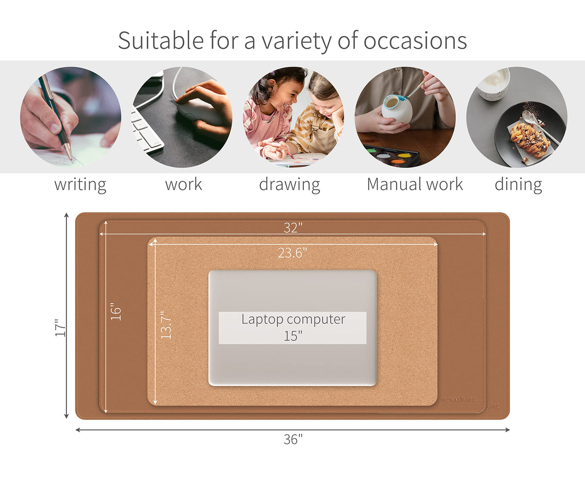 RENMTURE Dual-Sided Desk Pad, Natural Cork & PU Leather Large Mouse mats for Office and Home Work, Desk Protector Non-Slip, Waterproof, Easy Clean (Brown, 36"x17")