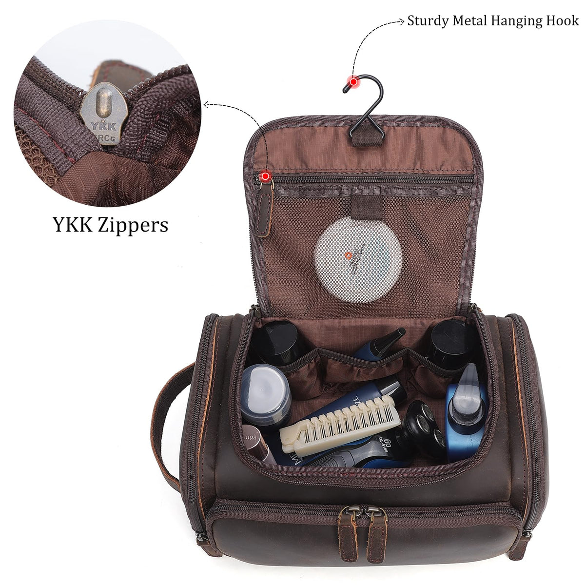 Polare Full Grain Leather Toiletry Case Bag Travel Dopp Kit Organizer Hanging Makeup Cosmetic Shaving Kit Wash Case for Men