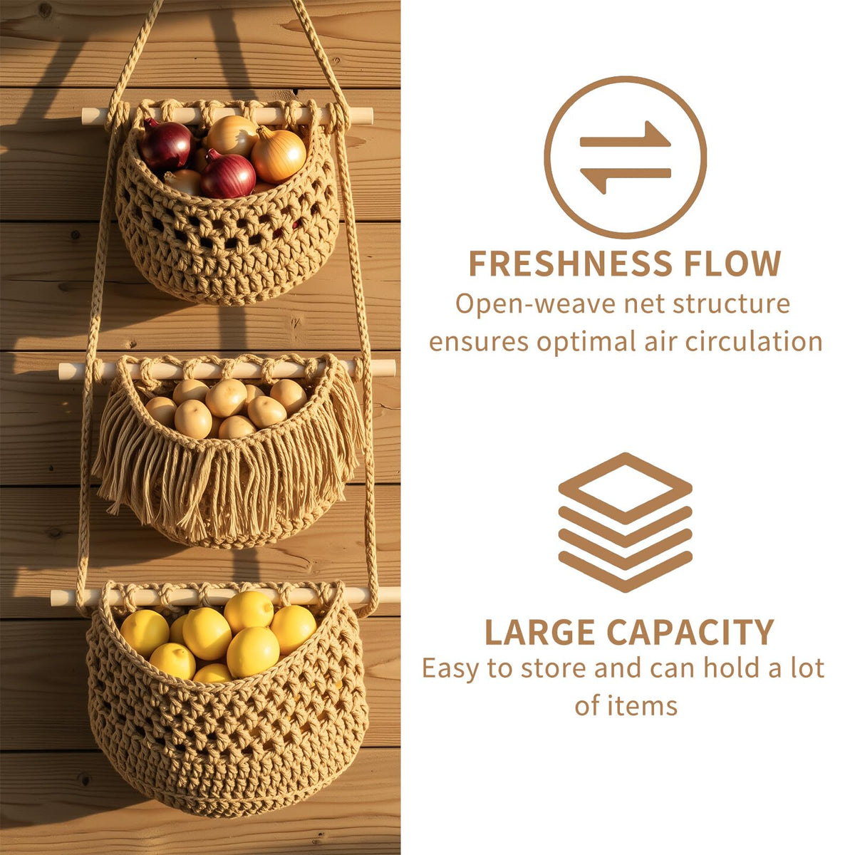 SFSSCDF 3 Tier Hanging Fruit Basket for Kitchen, Macrame Produce Hammock for Potato and Onion Storage, Handwoven Cotton Rope Wall Hanging Vegetable Baskets, Boho Kitchen Decor & Space Saver