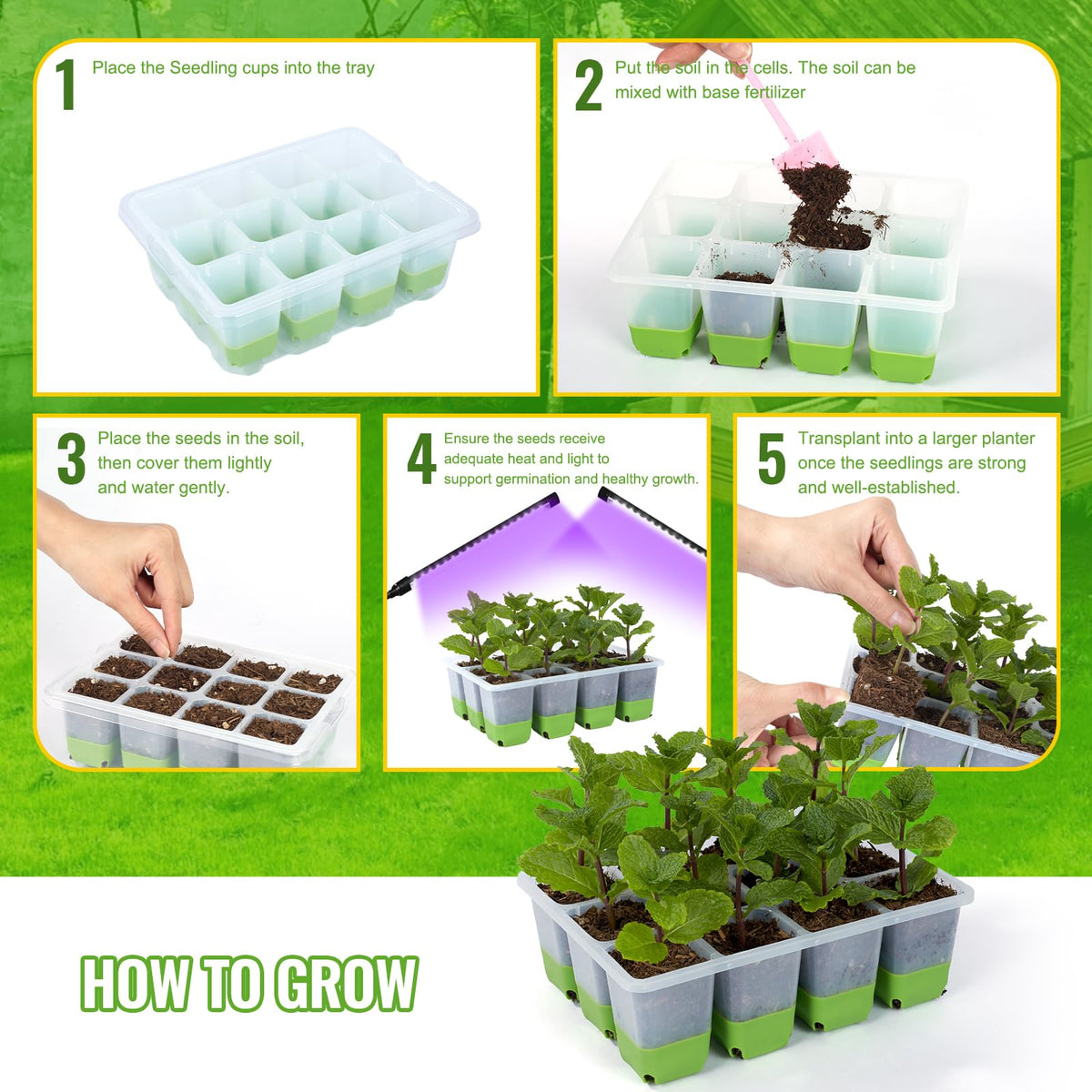Backyard Expressions 5-Pack Silicone Seed Starter Kit – Reusable 60-Cell Planting Trays with Easy Push-Out Design for Indoor Garden Seedlings