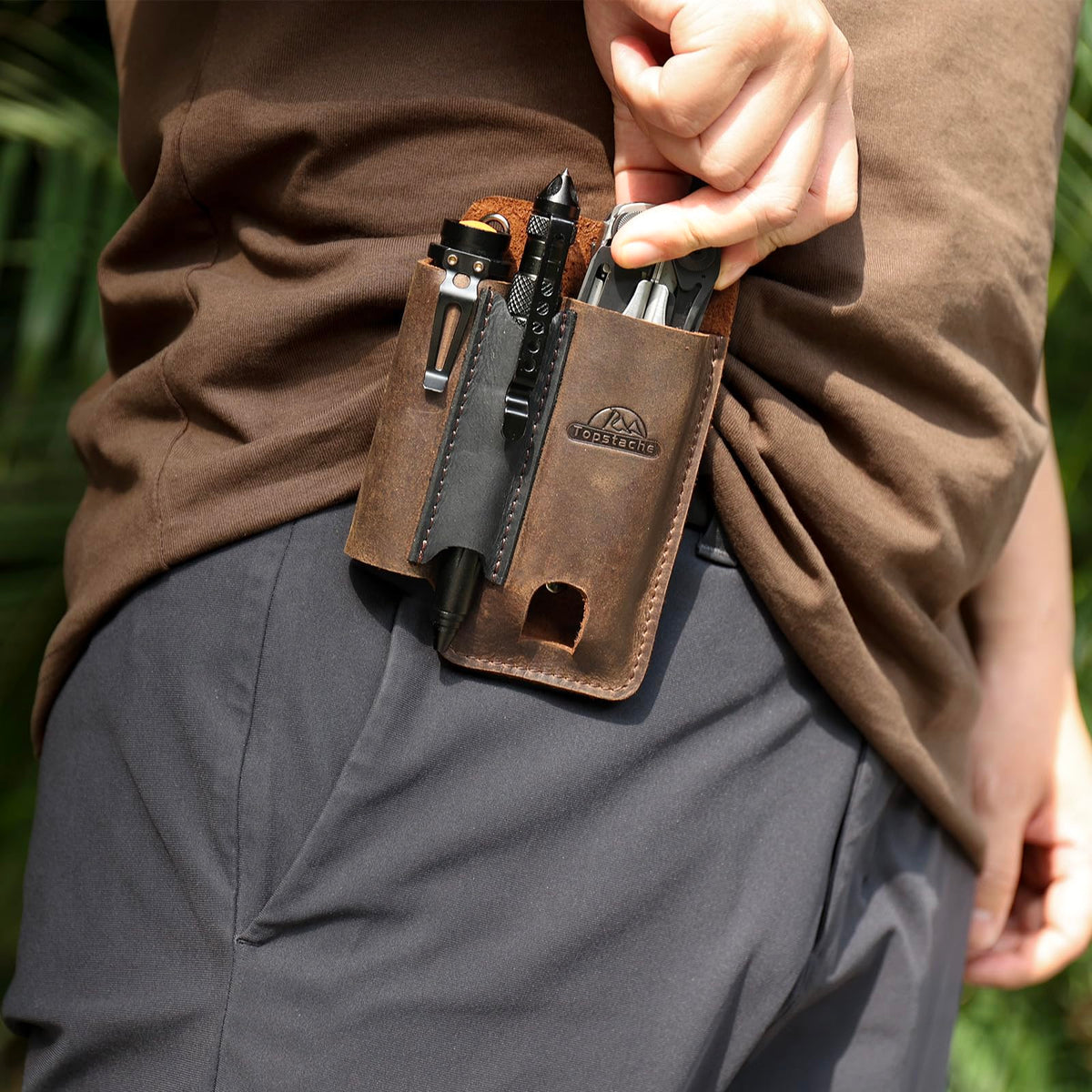 Topstache Leather Multitool Sheath with Belt Clip - Multi Tool Holster for Belt - EDC Belt Organizer Fits Multitool, Flashlight, Pen - Leather EDC Pouch, DarkBrown