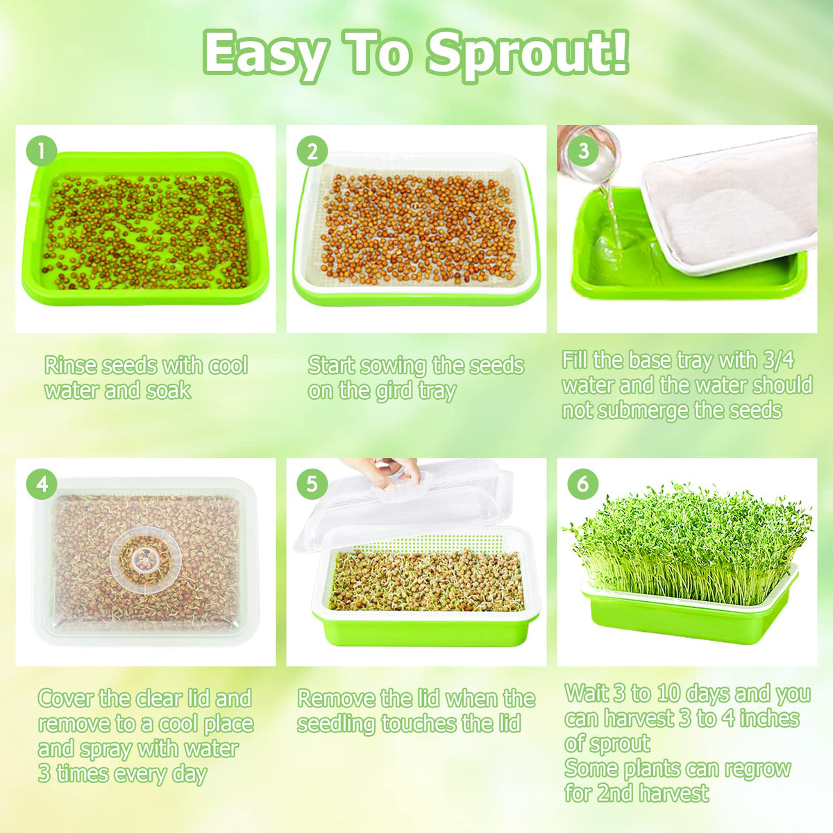 Legigo 2 Pack Seed Sprouter Trays with Lids- Soil-Free Cultivation Germination Tray, BPA Free Micro Greens Growing Trays Seed Sprouting Trays Kit with Germinating Paper for Wheatgrass, Beans and More