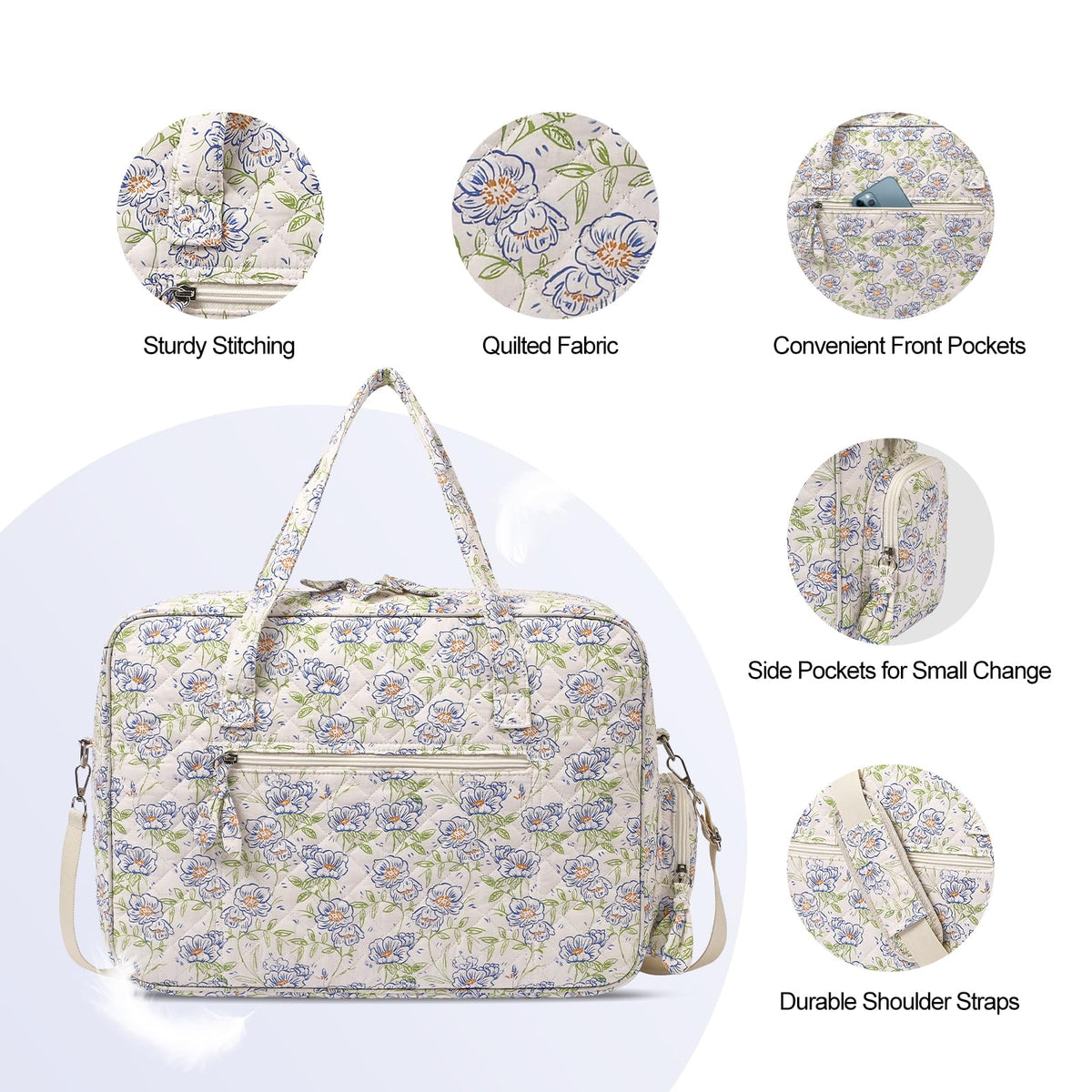 Quilted Duffle Bag for Women, Quilted Weekender Bag, Quilted Travel Bag, Large Floral Duffle Bags with Adjustable Straps