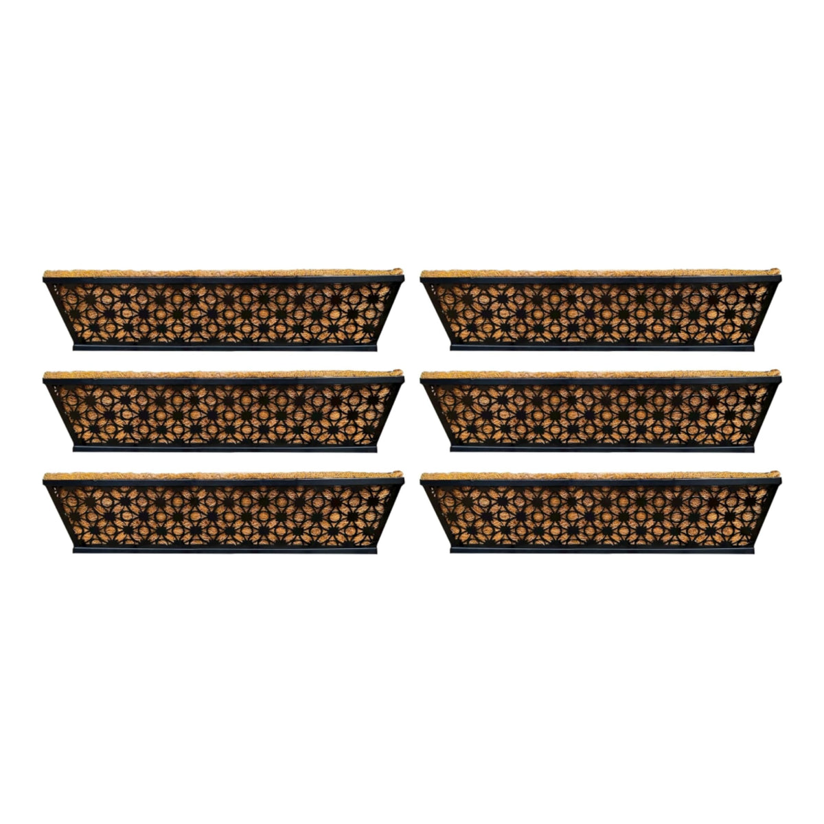 LaLaGreen Bundle - 6 Pack, 24 Inch Black Metal Rectangular Flower Pot Wall Planters with Coco Liner, Window Box Planter for Outdoor Plants, Modern Stylish Horse Trough Railing Balcony Patio Fence Deck