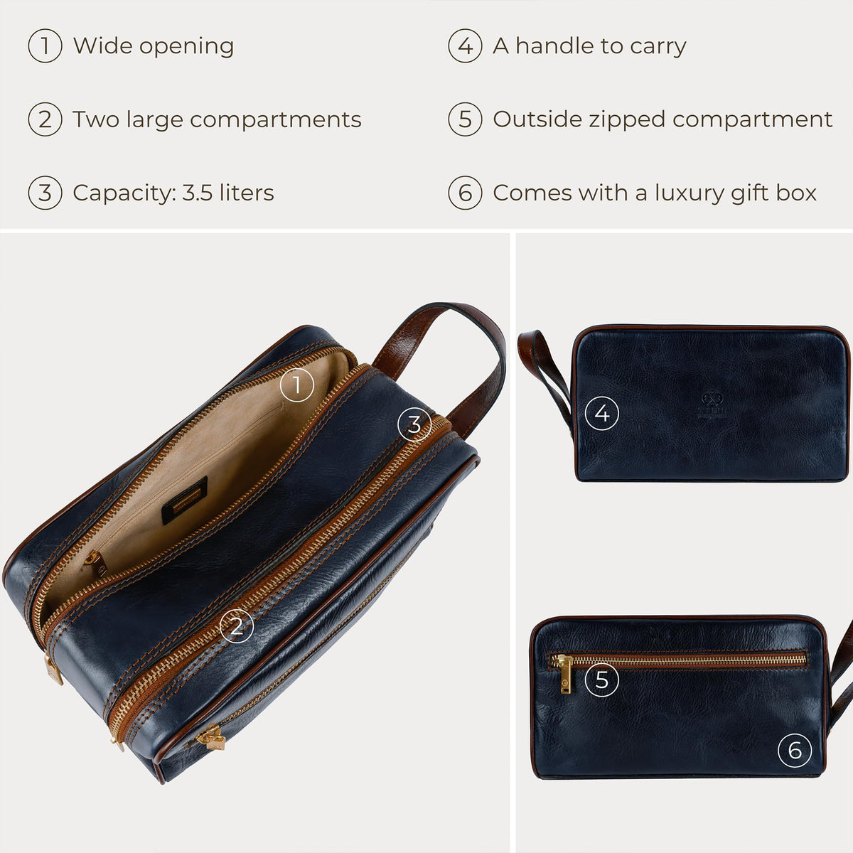 Time Resistance Leather Cosmetic Bag - Italian Toiletry Dopp Kit (Blue)