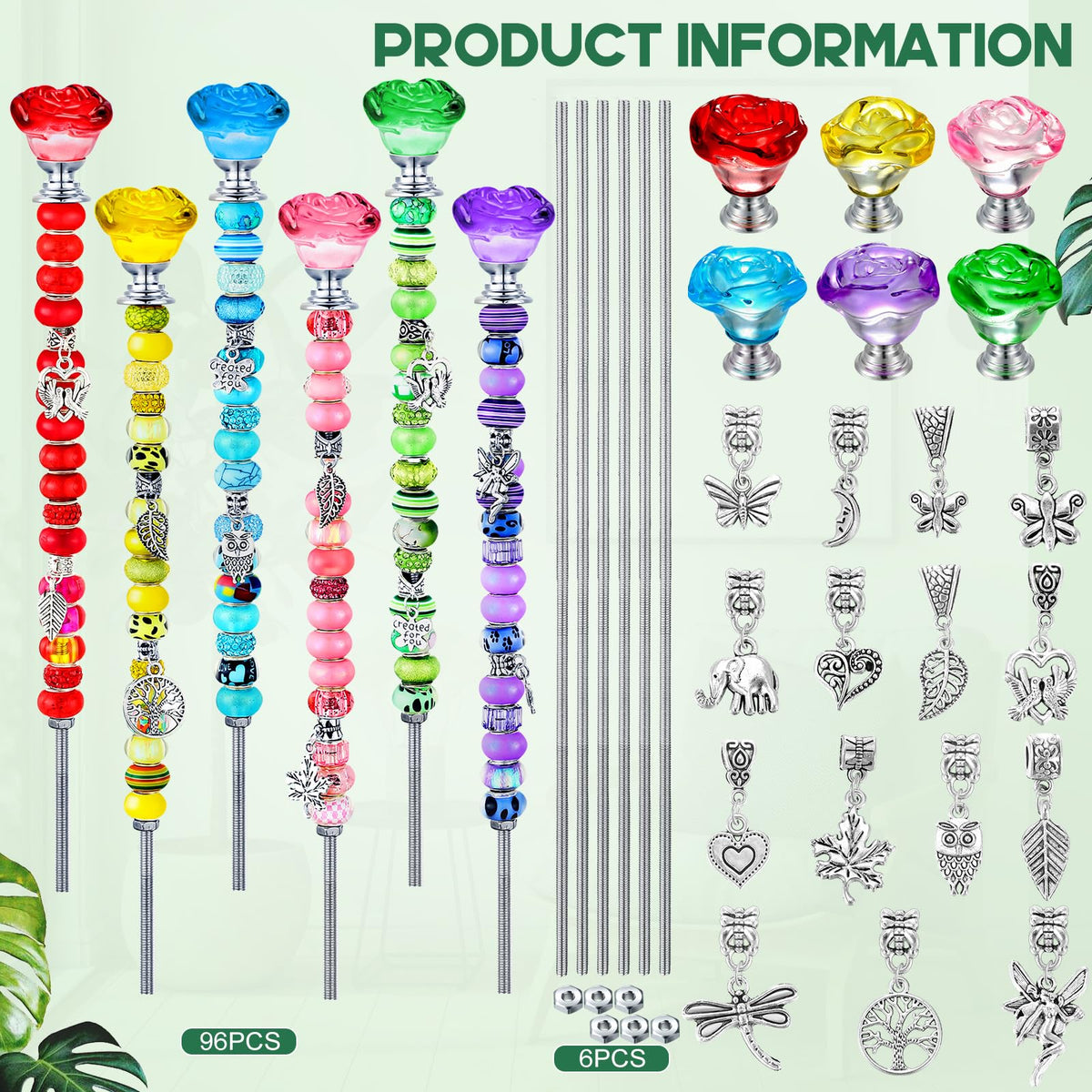 Lineshading 6 Sets Beaded Garden Stakes Kit, Rose Garden Stakes Accessories with Beads, Crystal Rose Stopper Top, (Classic Color)
