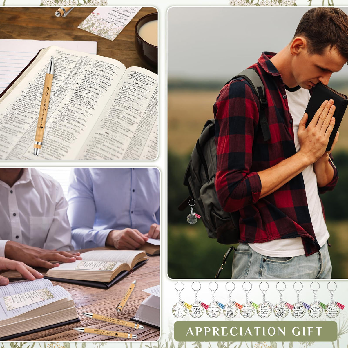 Spakon 10 Sets Fathers Day Christian Gifts Bulk Bible Verse Bamboo Pen Christian Floral Keychain Inspirational Bookmark Religious Church Gift for Church Members Women Sunday School Teacher (Bible)
