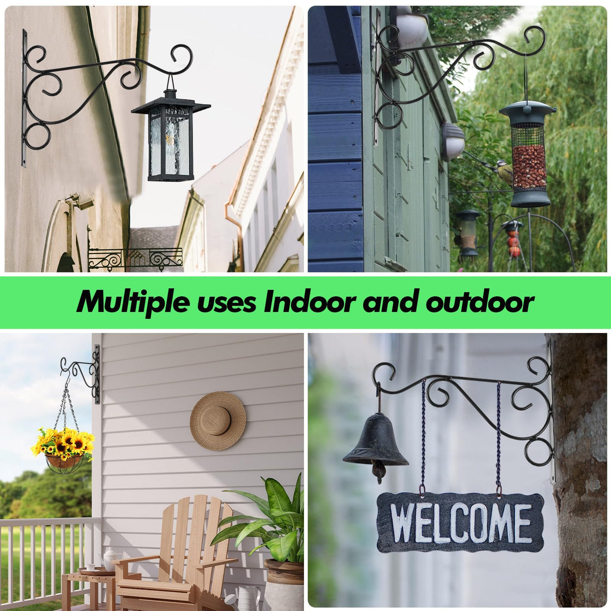 Tandefio 4 Pack 10 Inch Hanging Plant Brackets, Heavy Duty Rustproof Metal Wall Hooks, Hand forged Iron Hanger for Bird Feeders, Hanging Baskets, Lanterns,Wind Chimes,Outdoor Indoor Garden Decor,Black