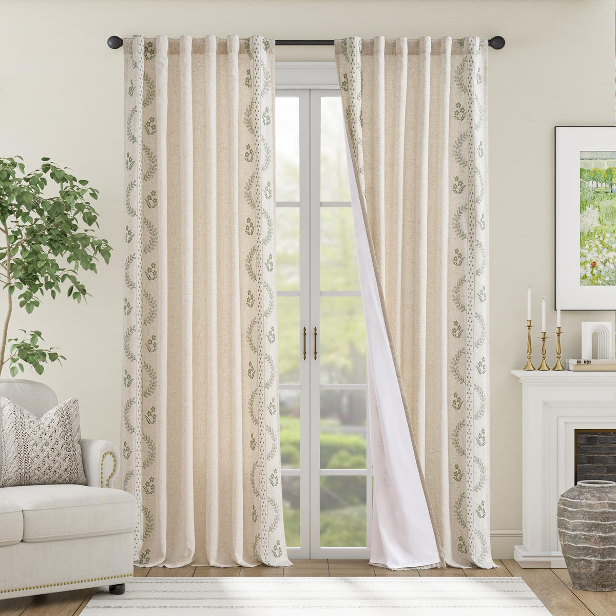 jinchan Belrose Lined Linen Blend Curtains Floral Curtains for Bedroom 96 Inch Length Sage Green Embroidered Drapes Rod Pocket Farmhouse Flower Drapes for Living Room Window Treatments Set 2 Panels