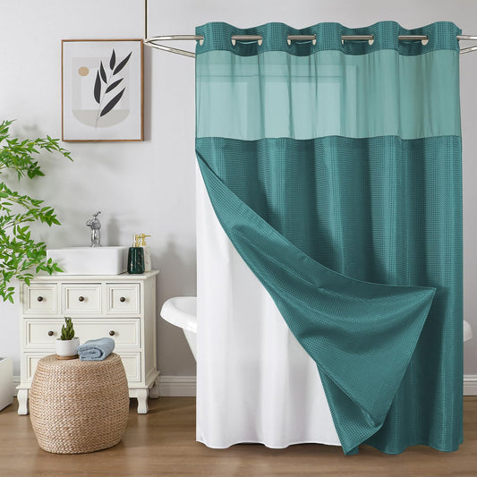 No Hook Shower Curtain with Snap in Fabric Liner, Waffle Weave Heavy Duty Thick Shower Curtains with Mesh Top Window, Hotel Style Waterproof Bathroom Curtain Set, 72 x 75 Inch, Seaweed Green